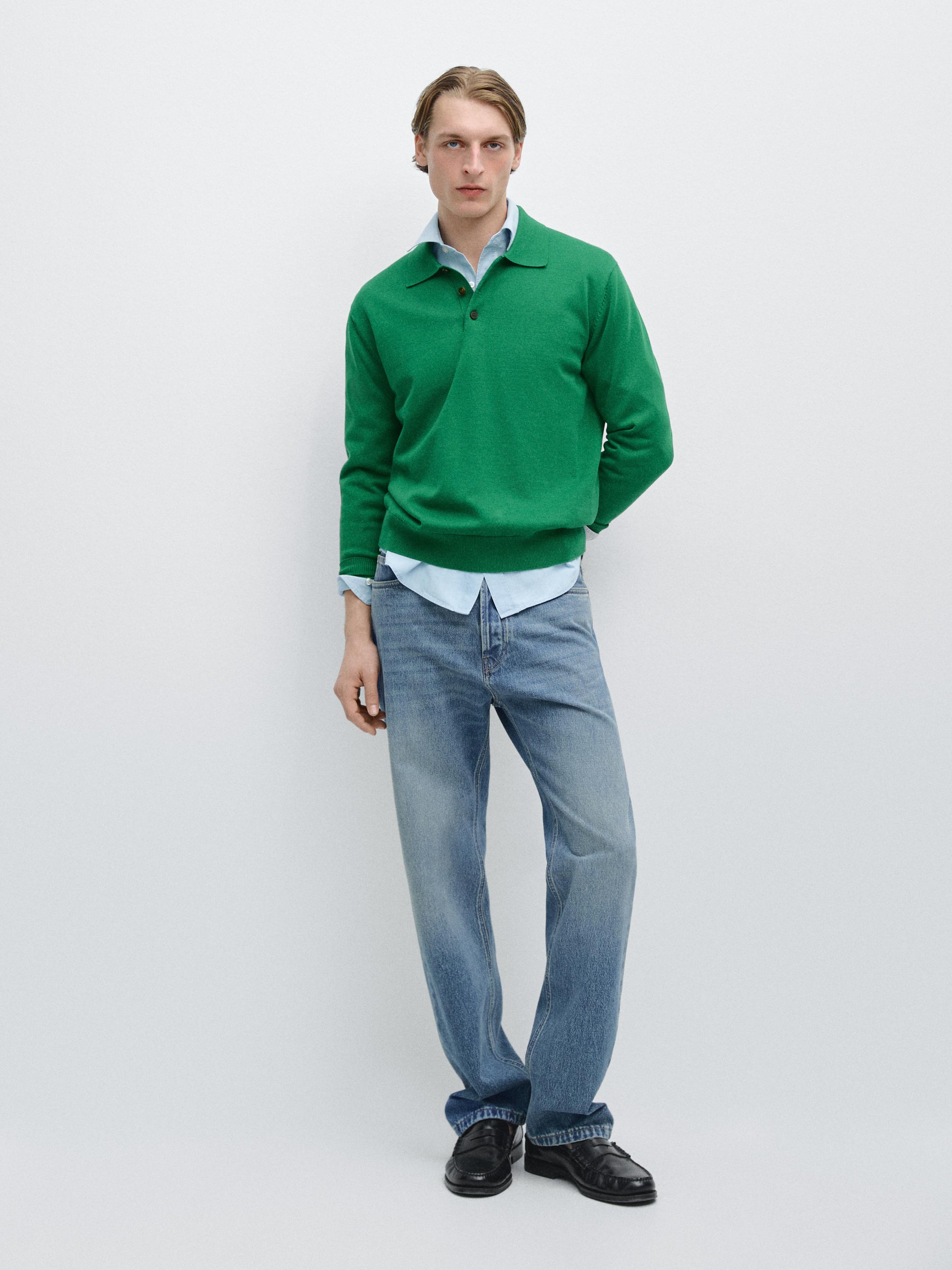 Cotton knit polo collar sweater — Green billiard