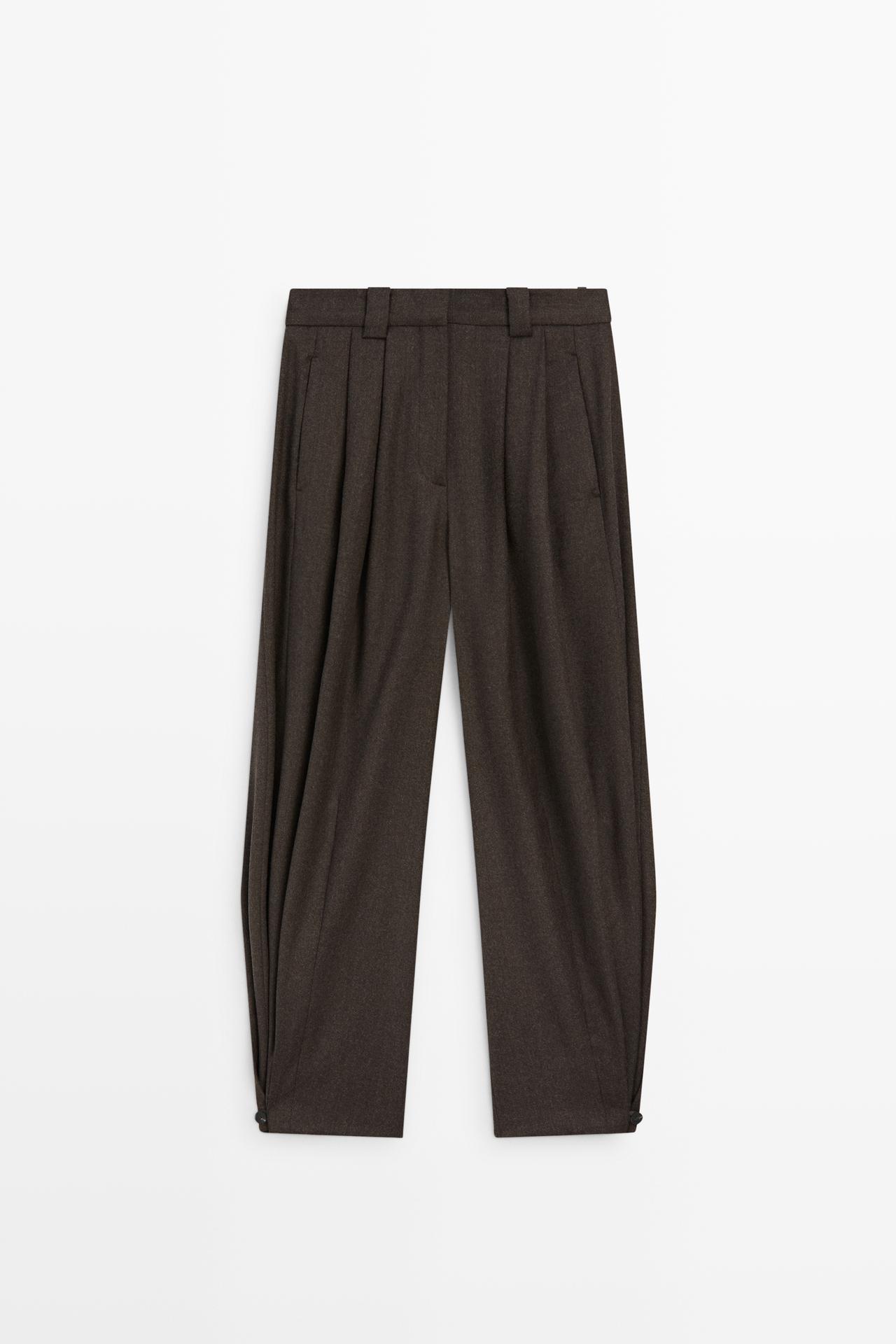Pleated flannel pants with hem detail — BROWN