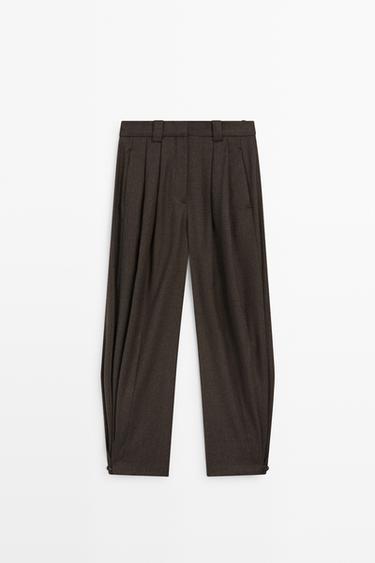 Pleated flannel pants with hem detail — BROWN 2