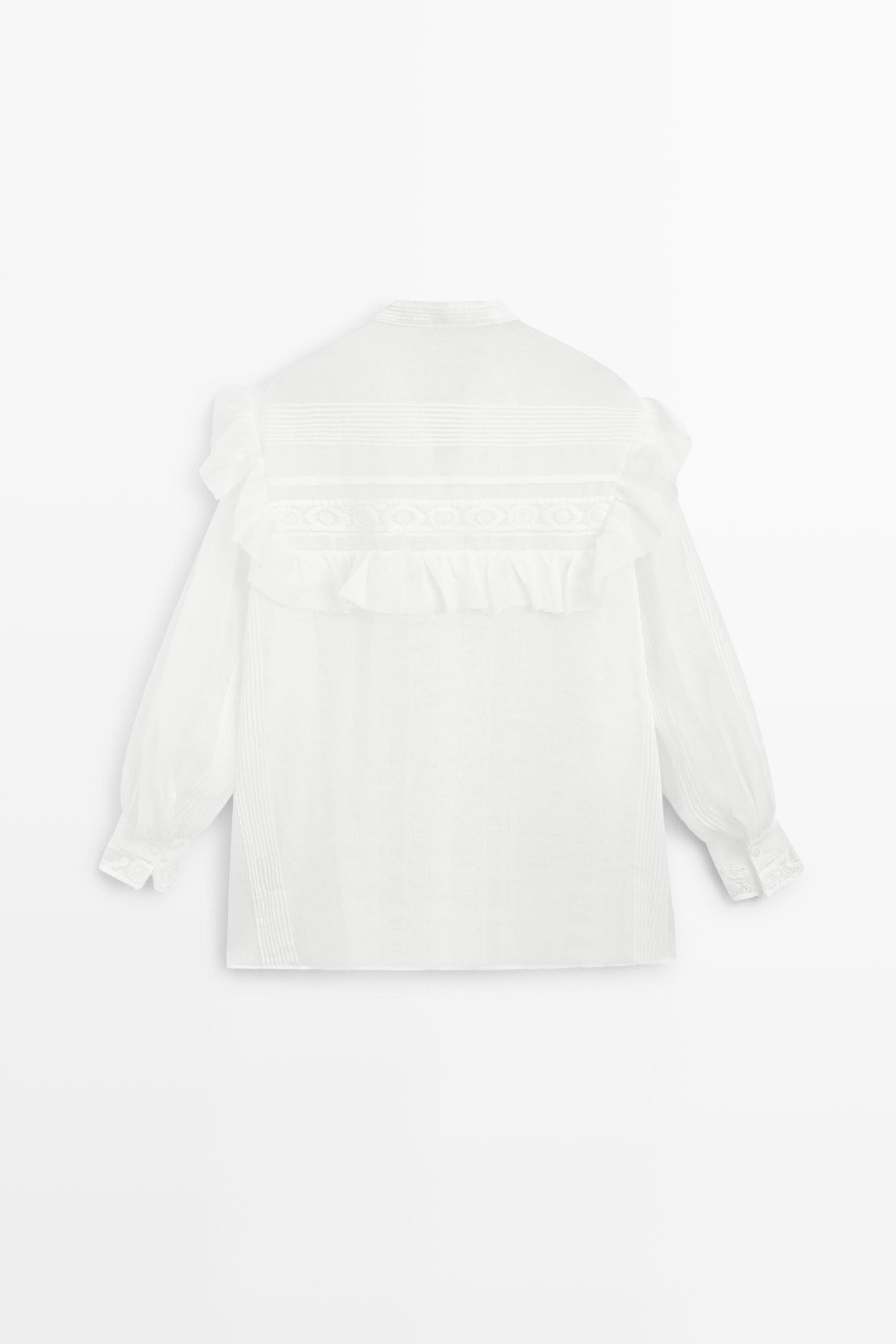 Stand collar blouse with embroidery and ruffles — WHITE
