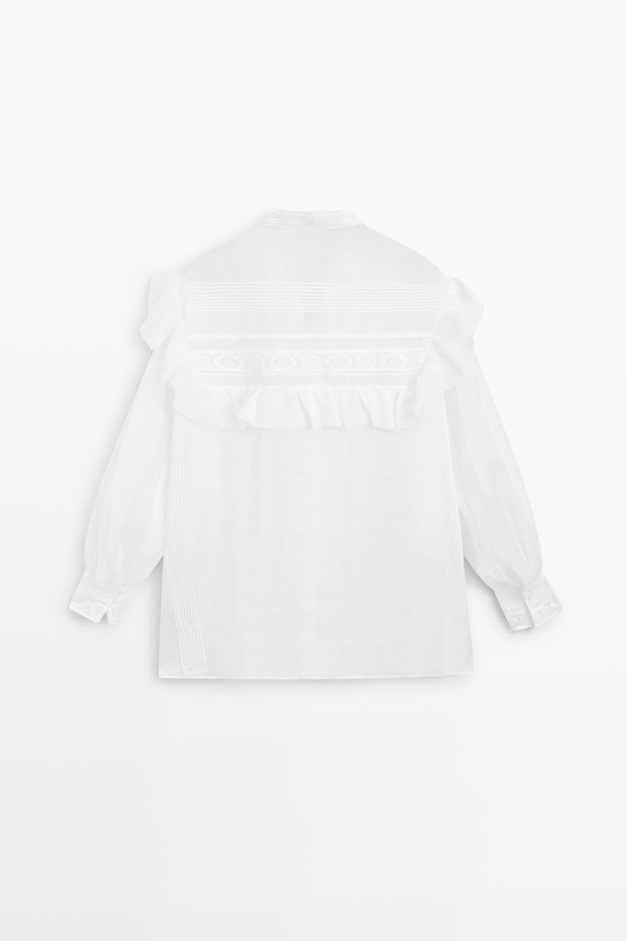 Stand collar blouse with embroidery and ruffles — WHITE