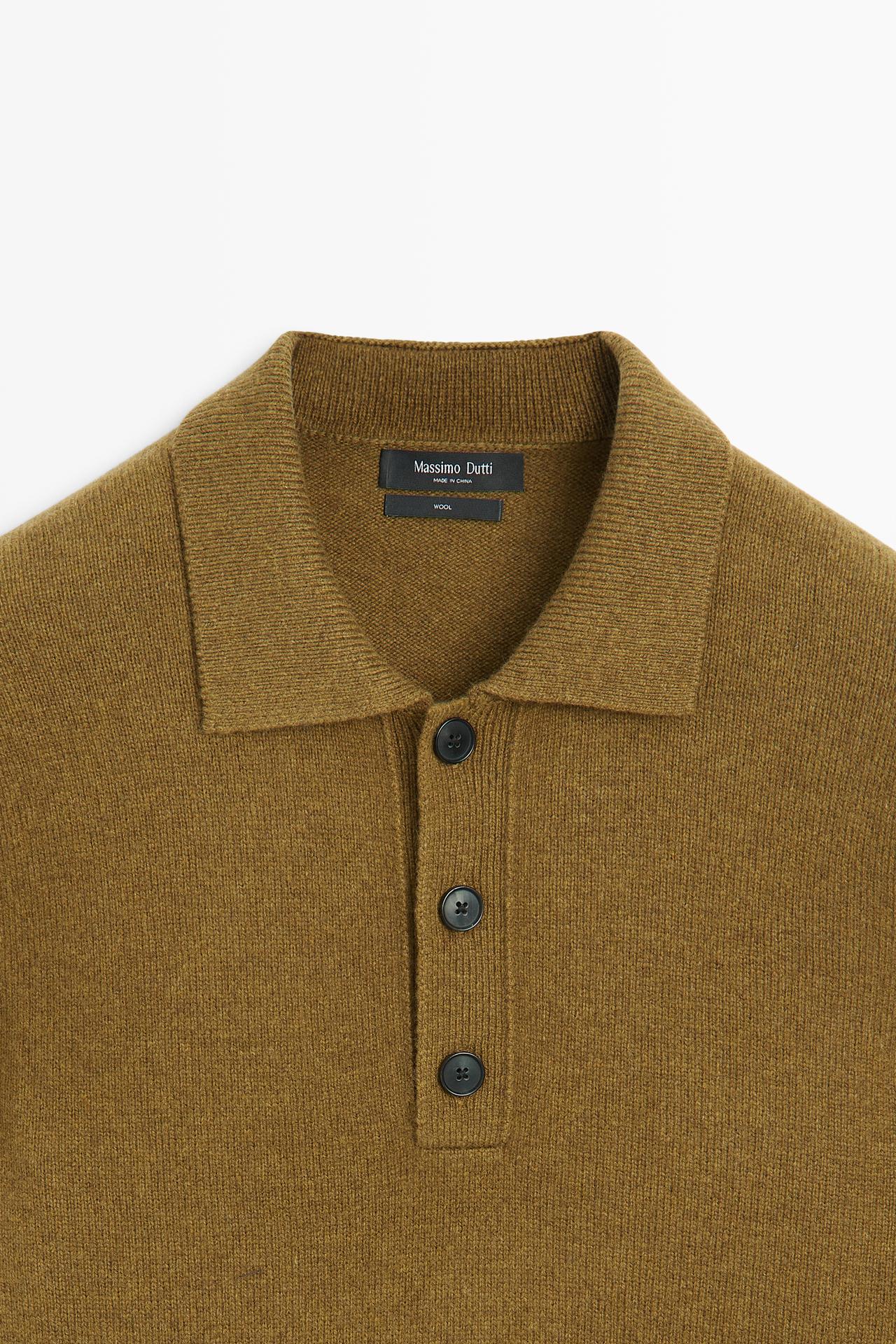 100% wool knit polo sweater with button detail — FADED GREEN