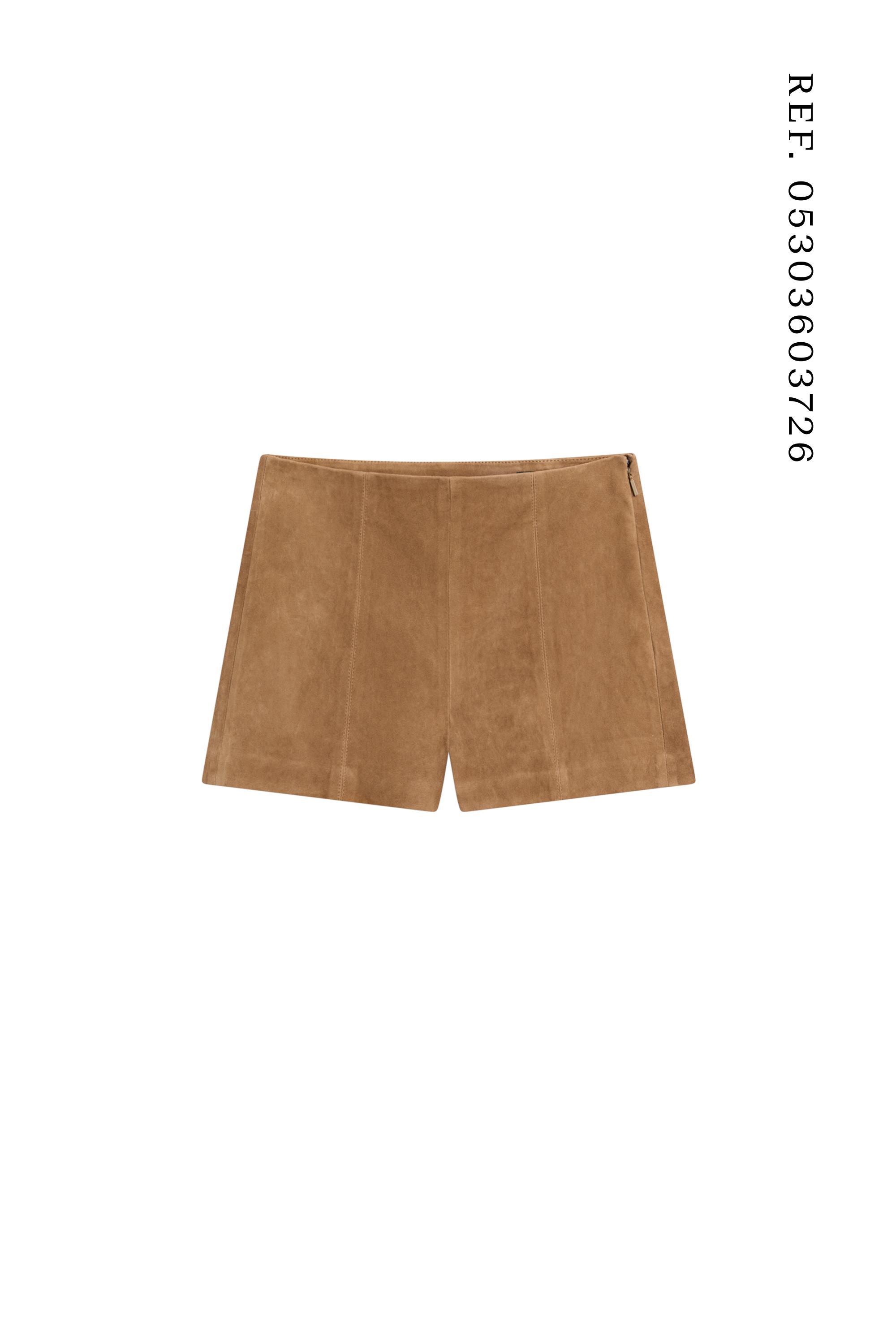 Suede leather shorts with seam details — CAMEL