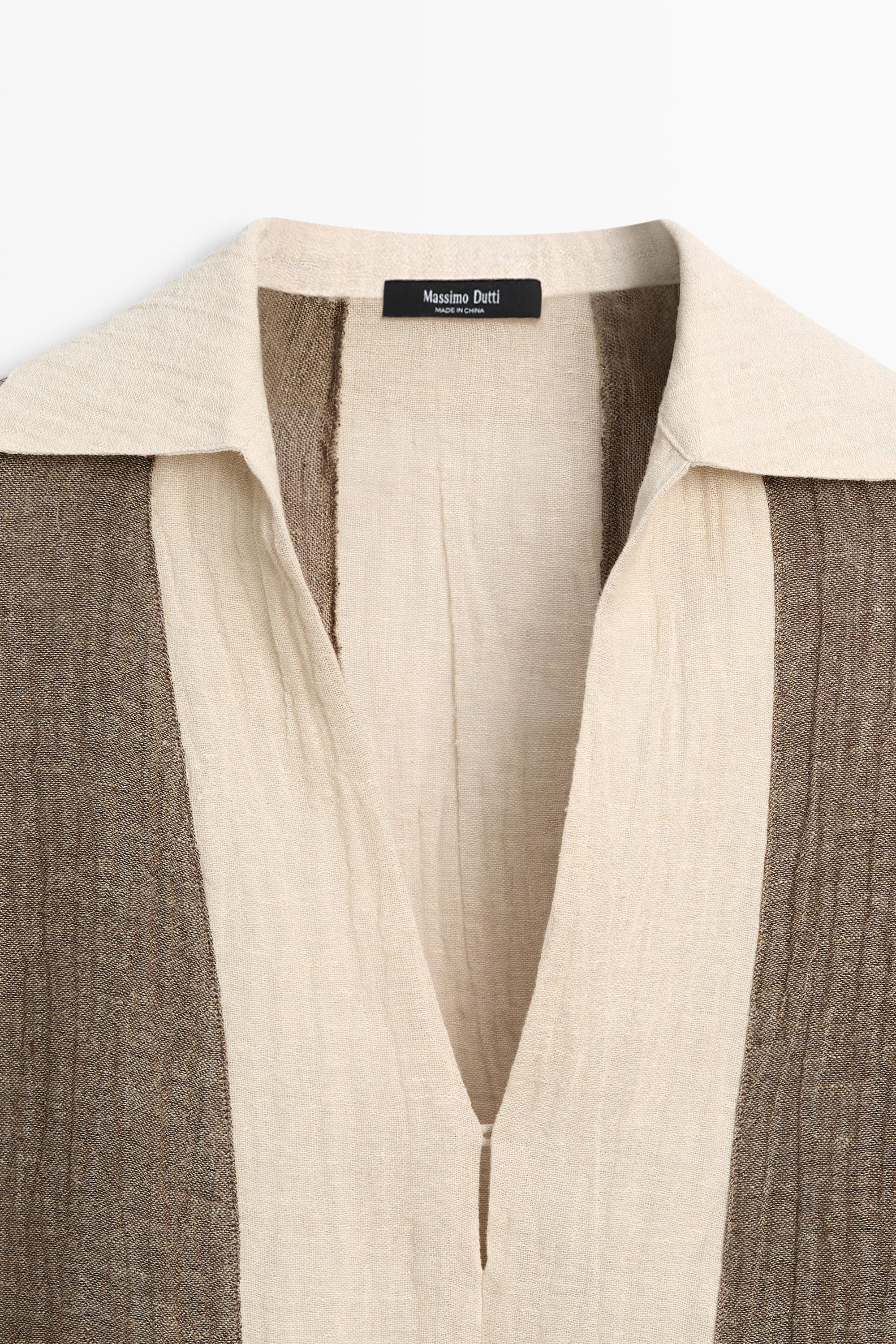 Flowing textured linen blend blouse — TAUPE GREY
