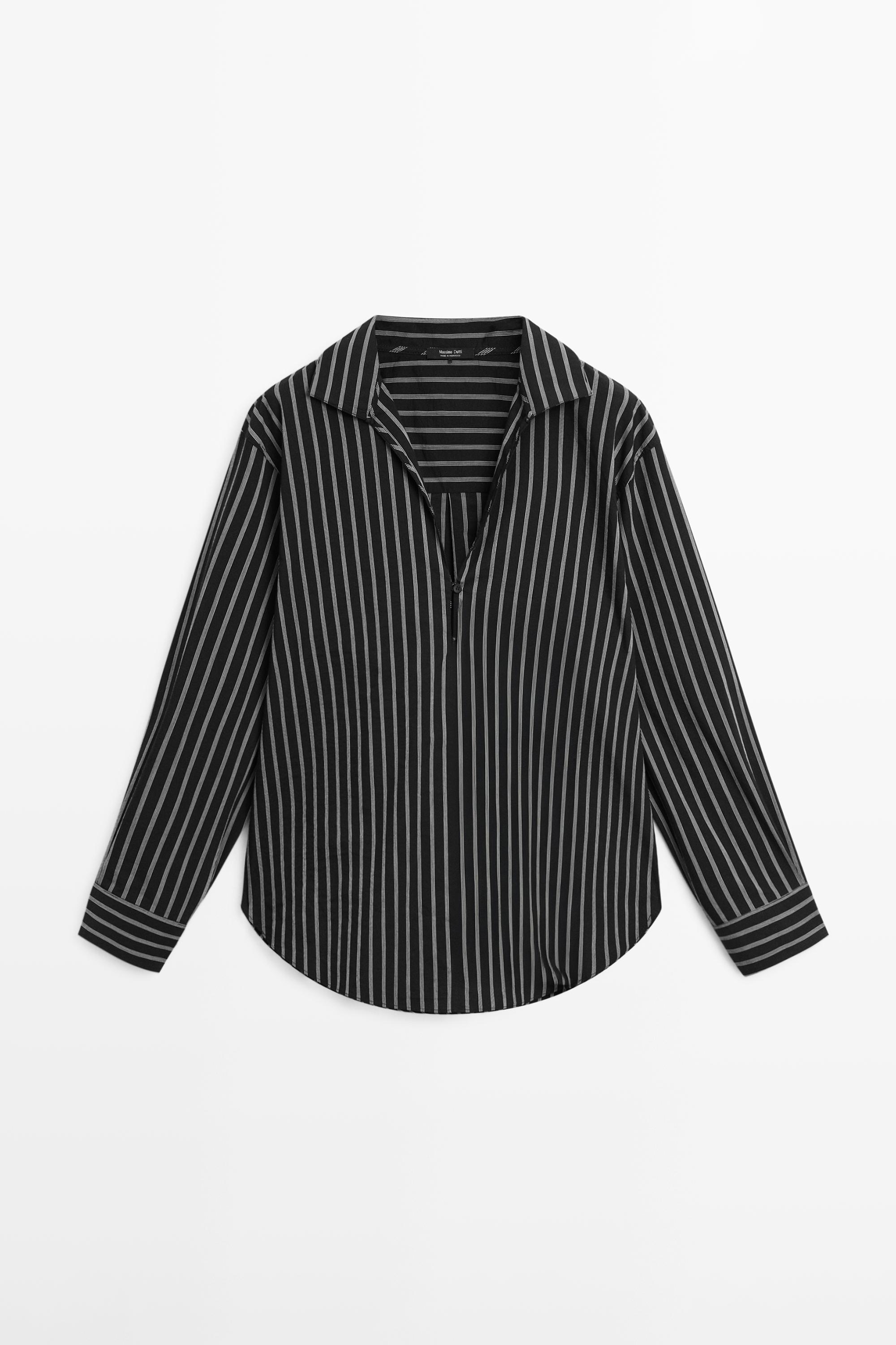 Striped cotton blend shirt — BLACK