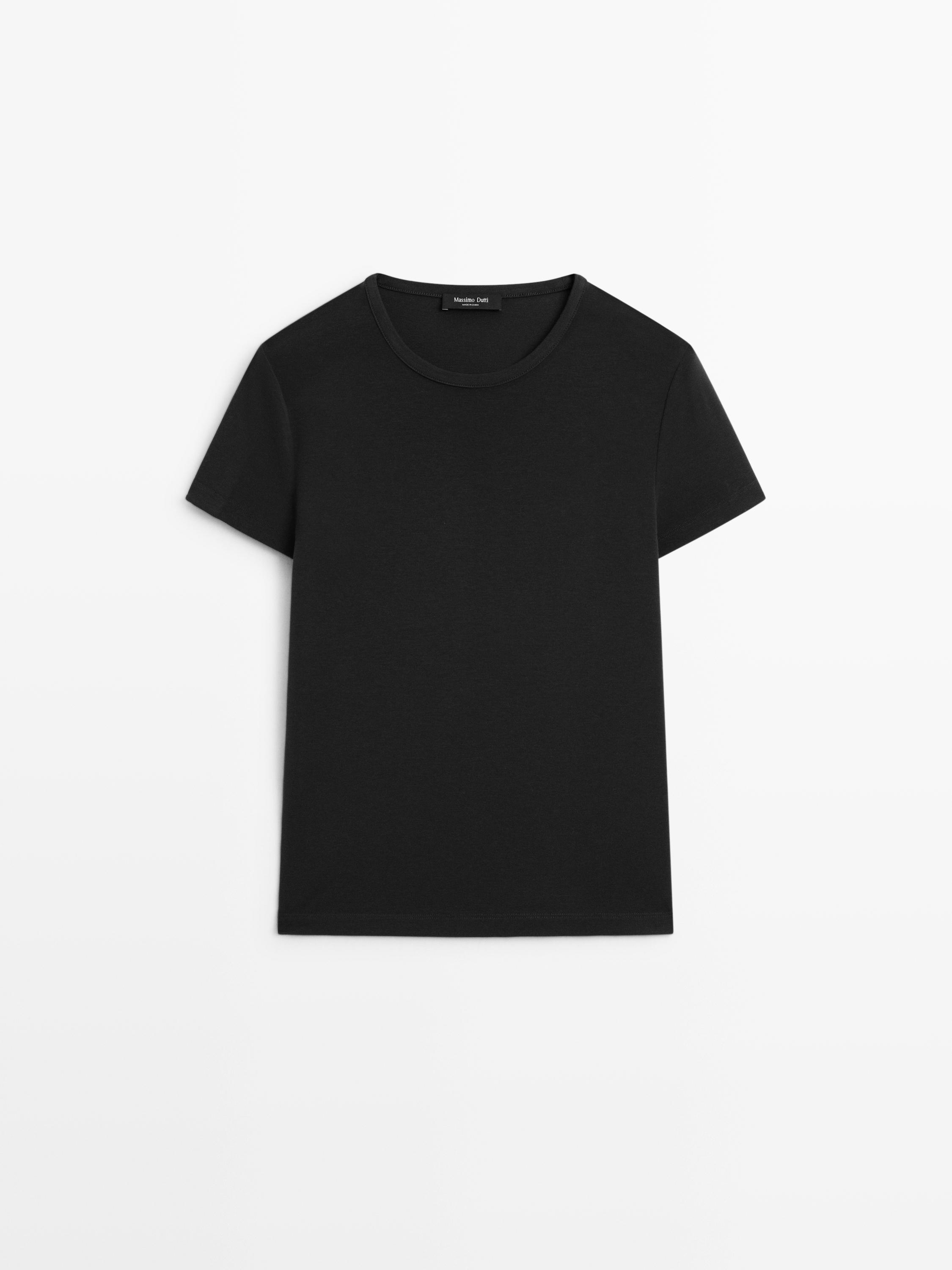 Front view of a black short-sleeved crew-neck t-shirt.
