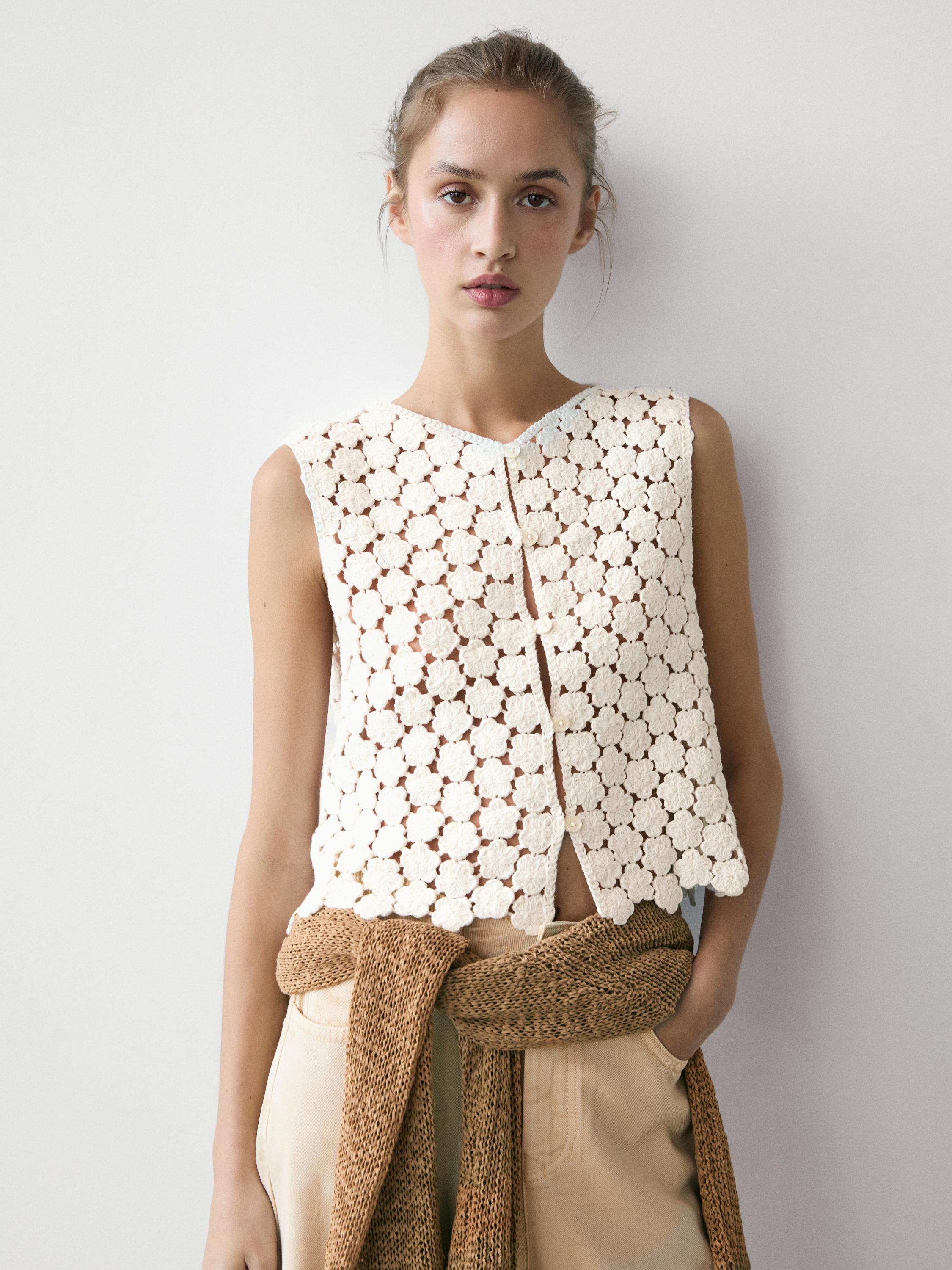 Cotton crochet vest with floral details — CREAM