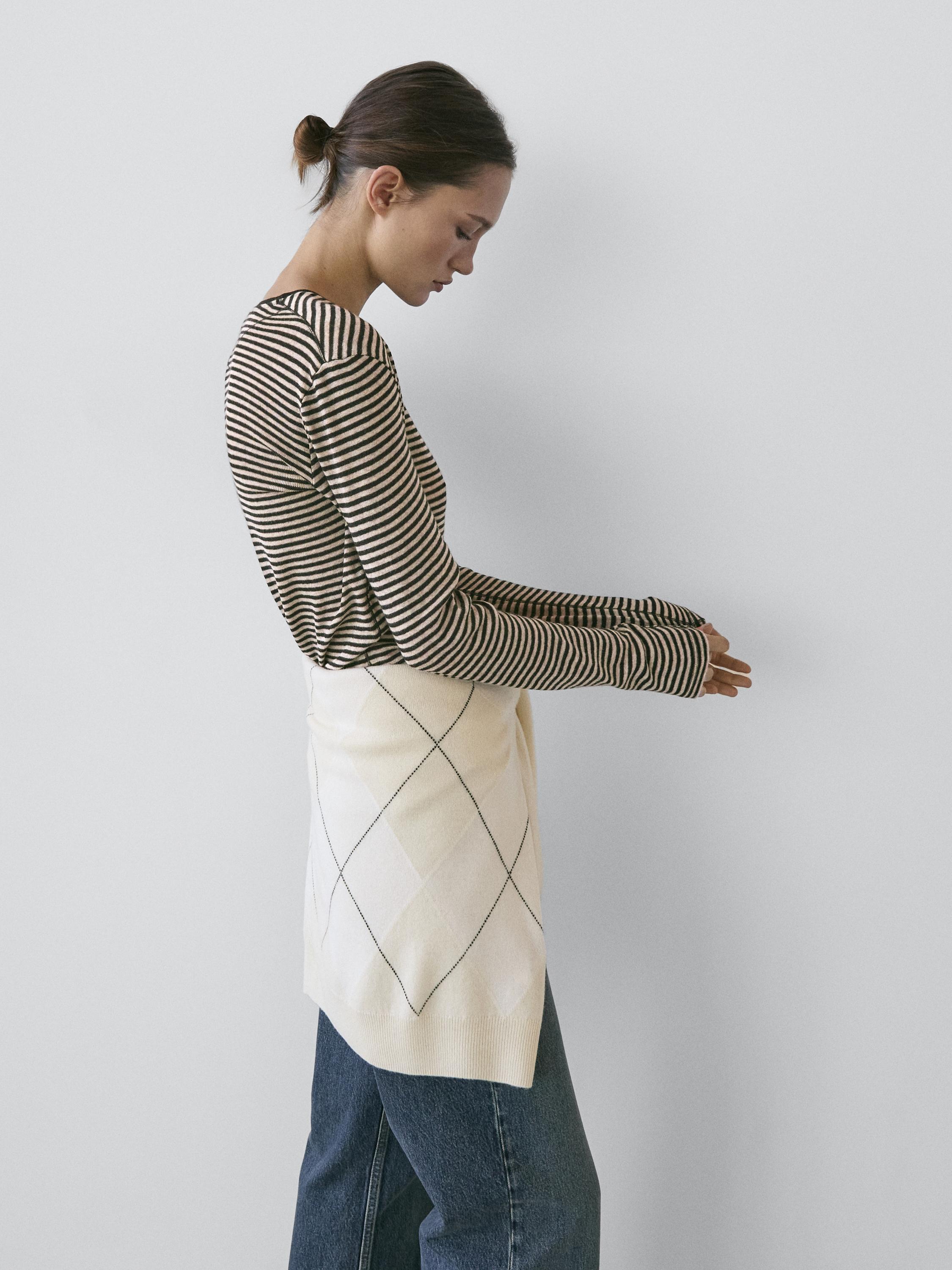 T-shirt de manga comprida às riscas em mistura de algodão