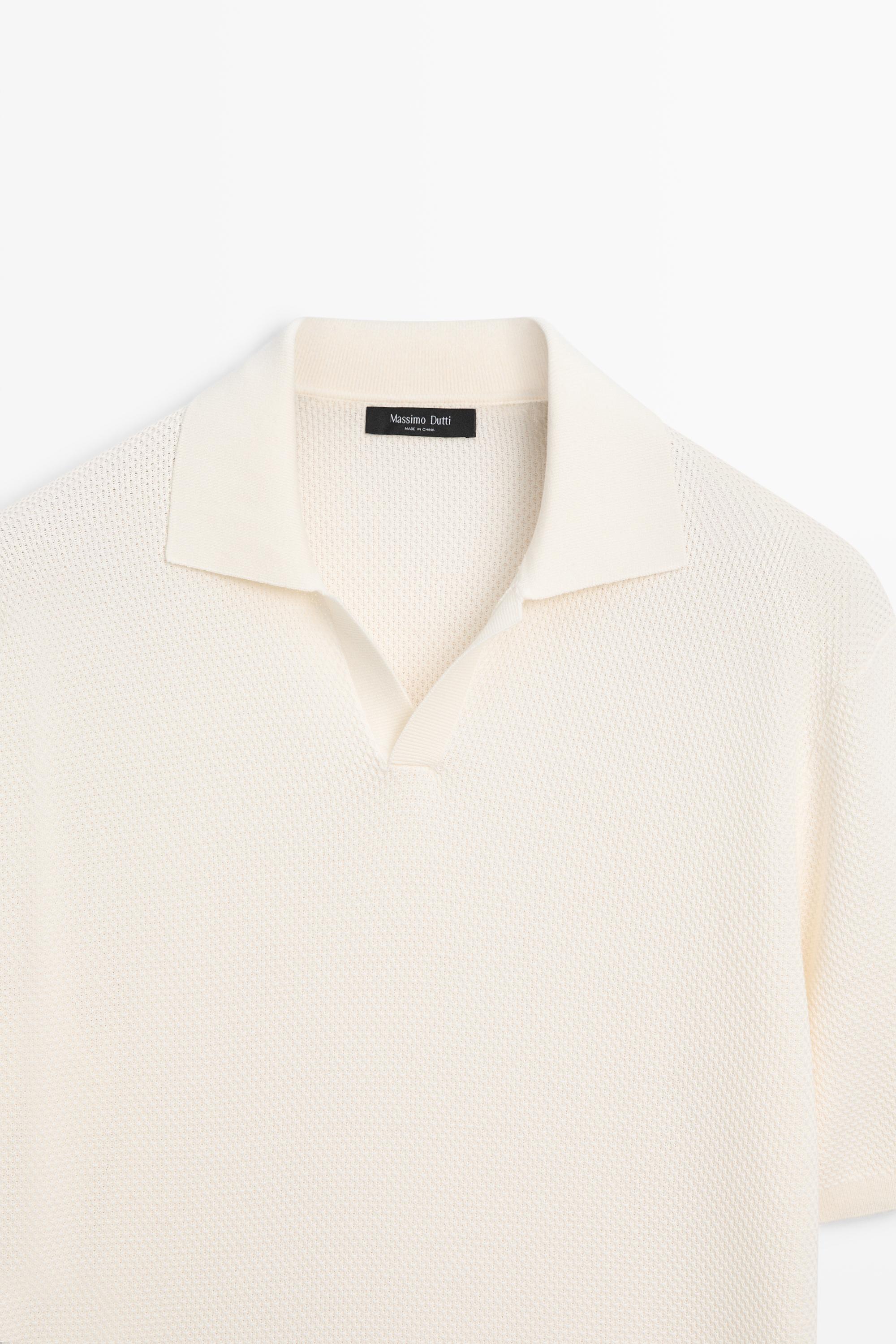Cotton blend knit V-neck polo shirt — CREAM