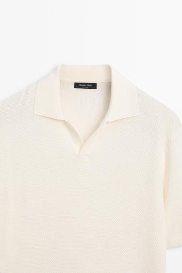 Cotton blend knit V-neck polo shirt — CREAM 9