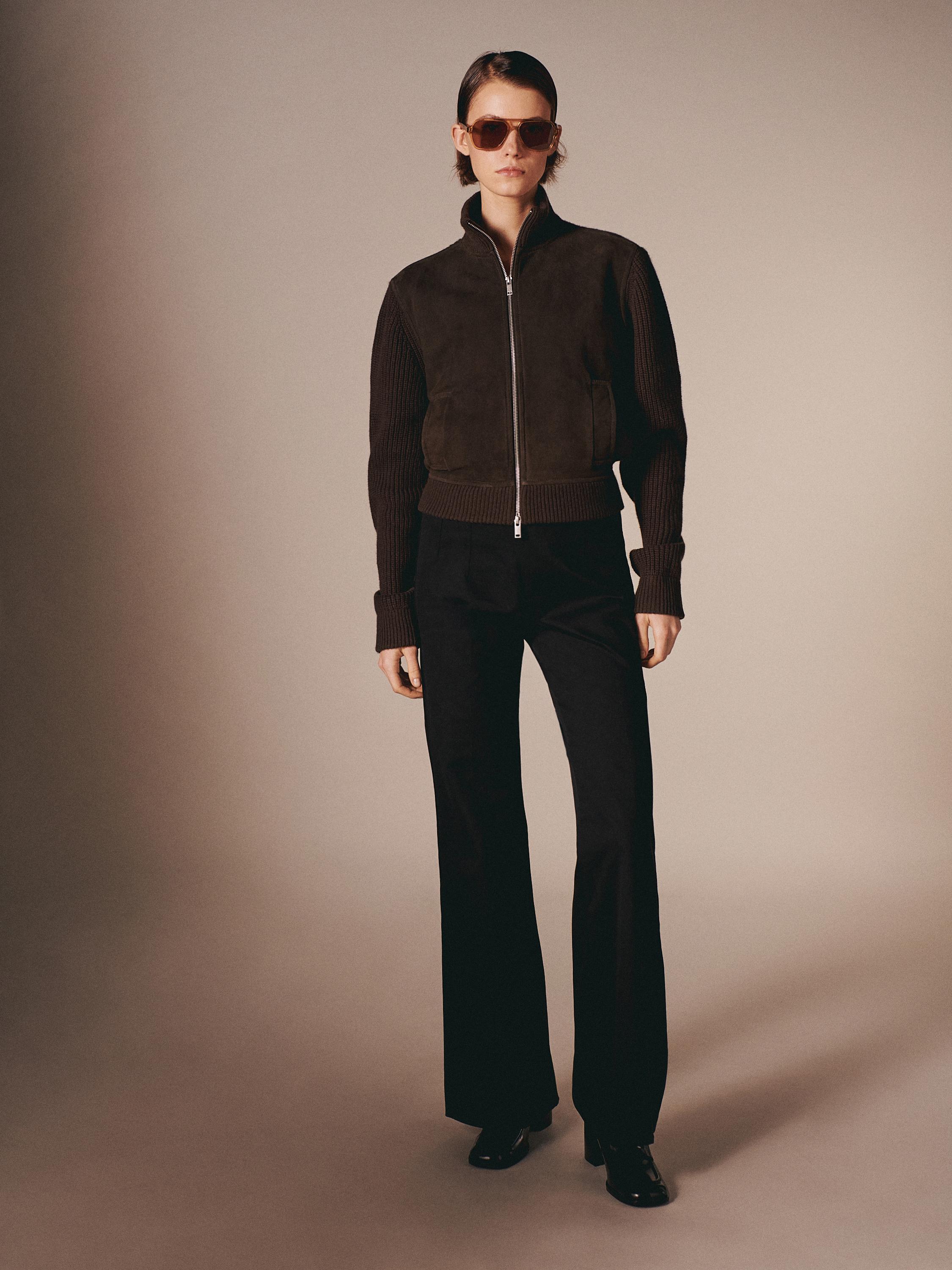 Contrast leather wool blend jacket