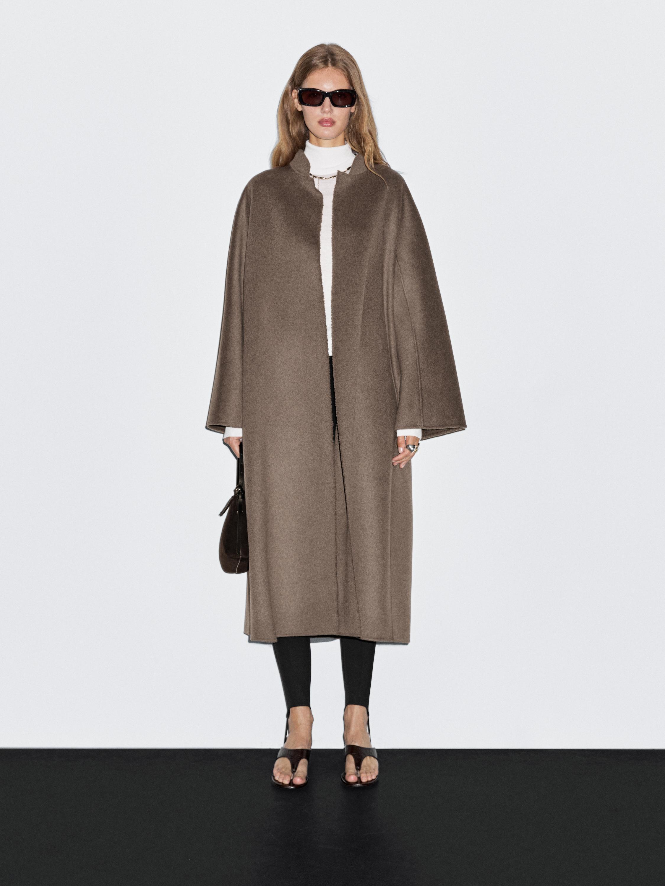 Long open wool blend coat · Brown · Coats And Jackets Massimo Dutti