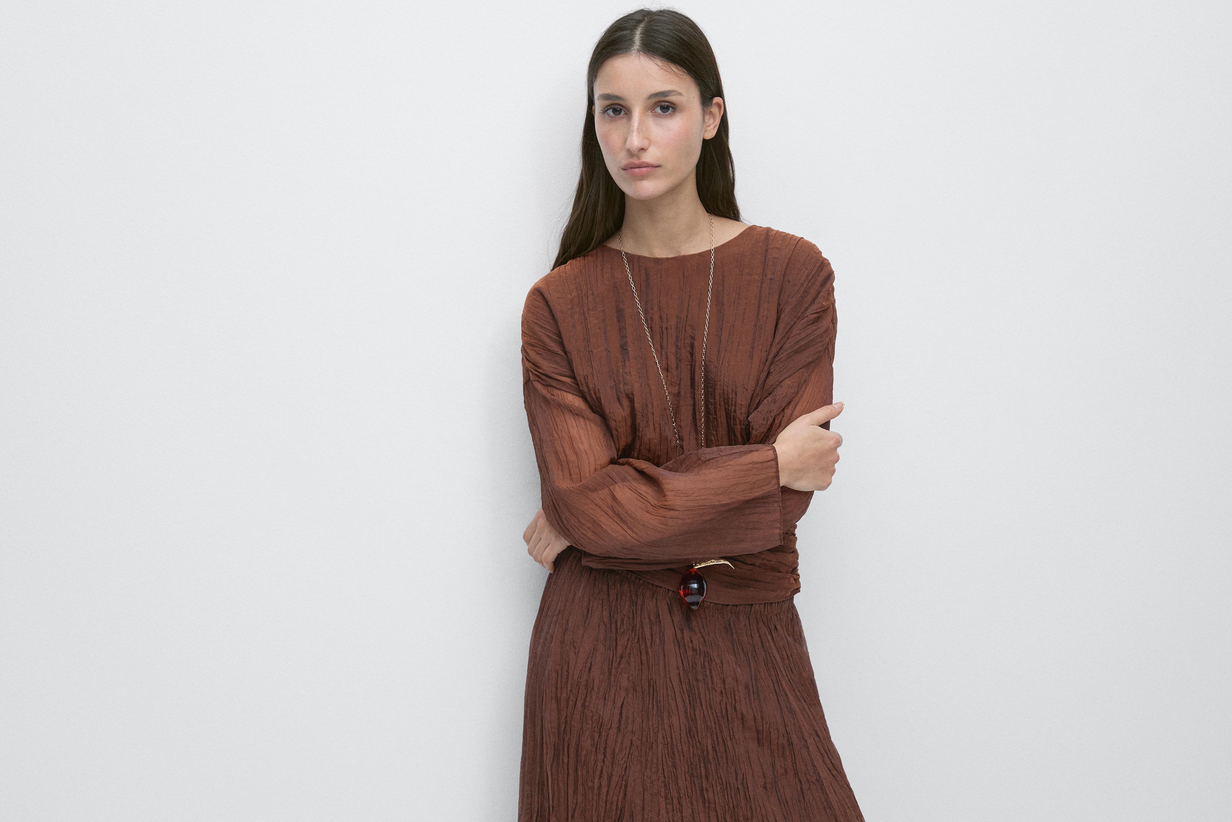 Blouse with sash belt and gathered details — Caramel