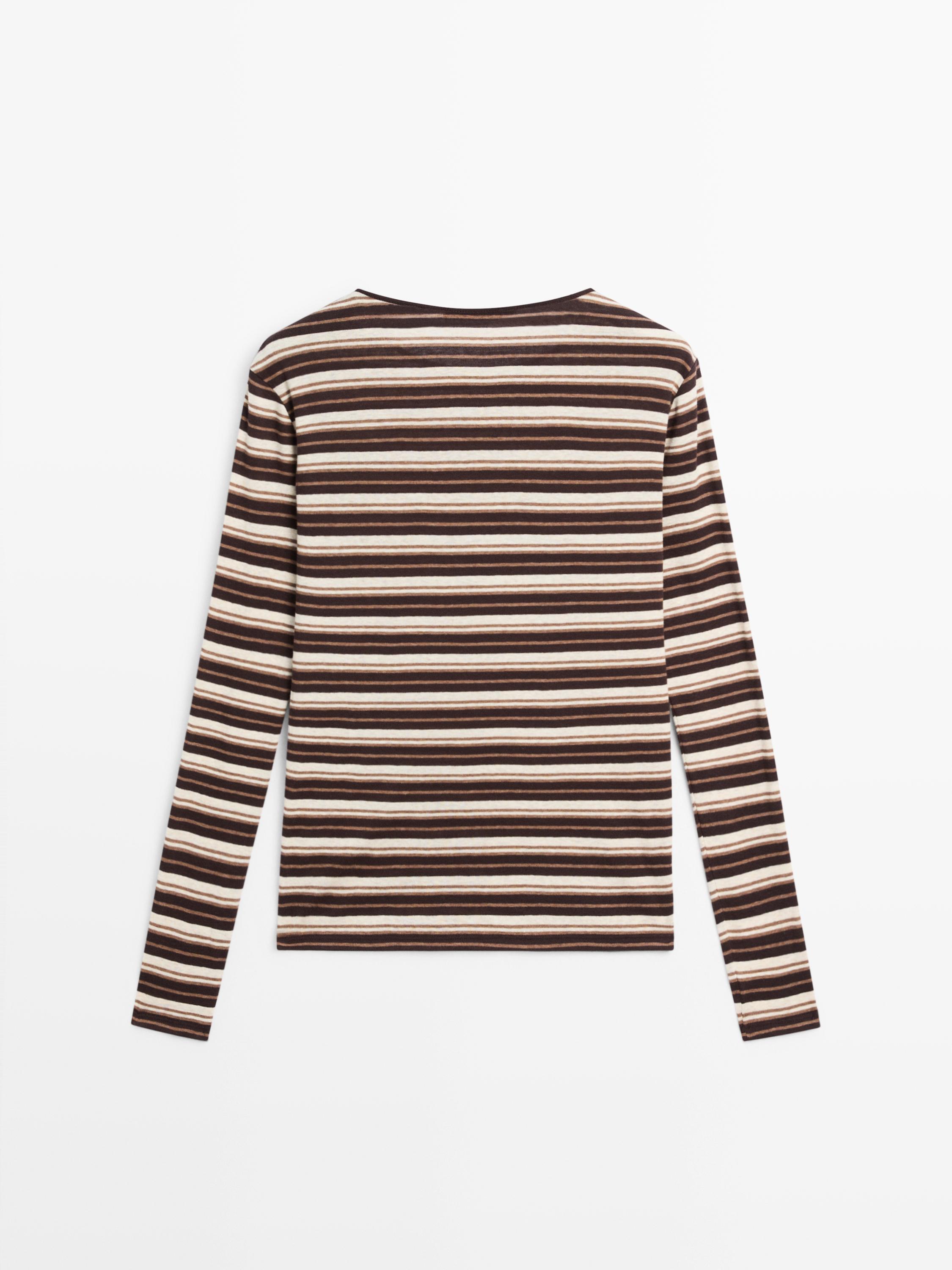 Cotton blend striped long sleeve T-shirt — BROWN