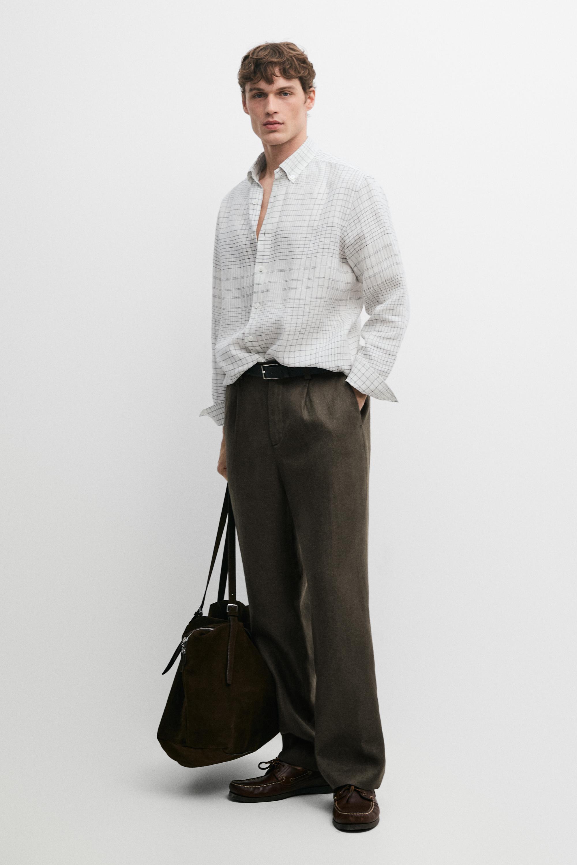 100% linen regular fit check shirt — WHITE