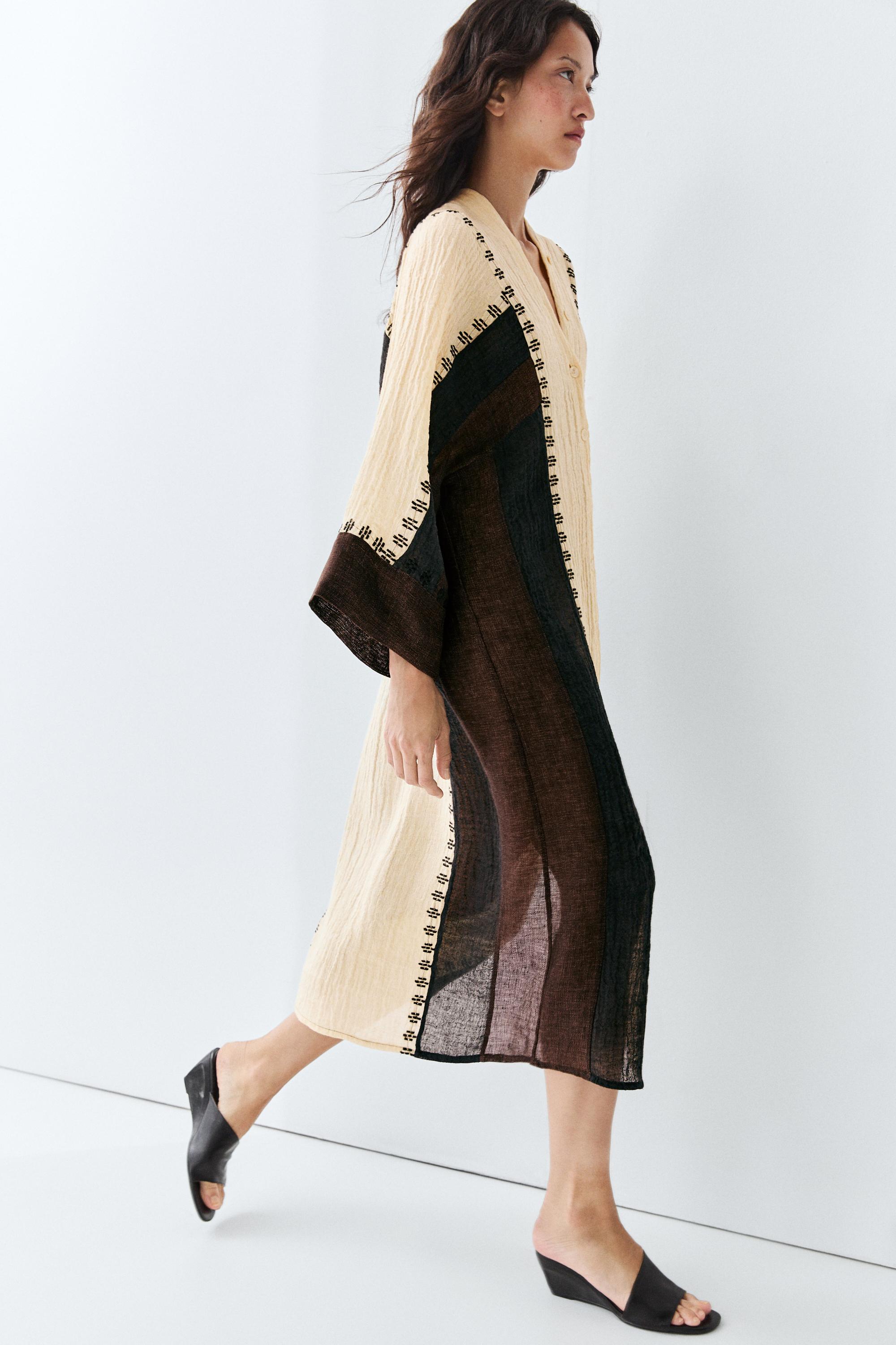 Linen blend embroidered kaftan dress — BROWN