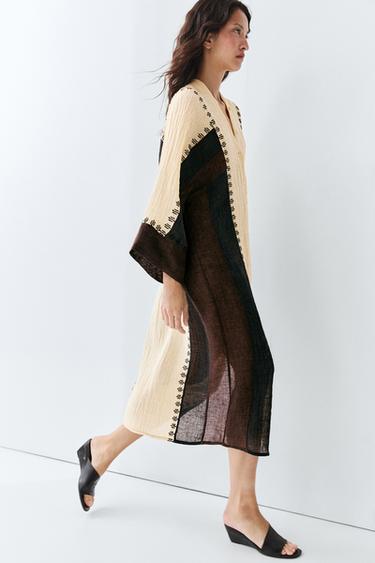 Linen blend embroidered kaftan dress — BROWN 8