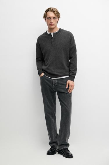 Wool-blend knit henley neck sweater — CHARCOAL 1