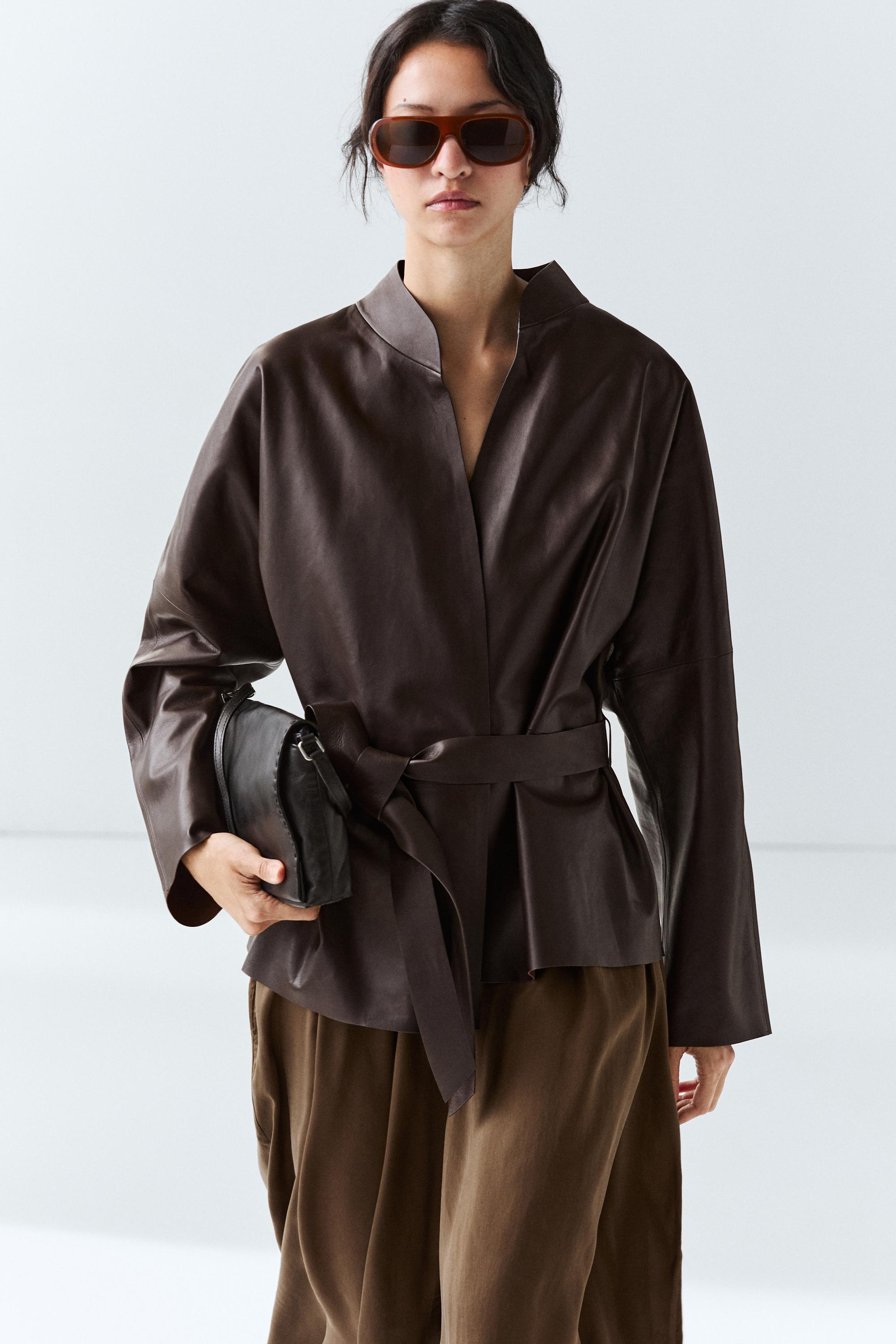 Wrap-front nappa leather jacket with tie detail — BROWN