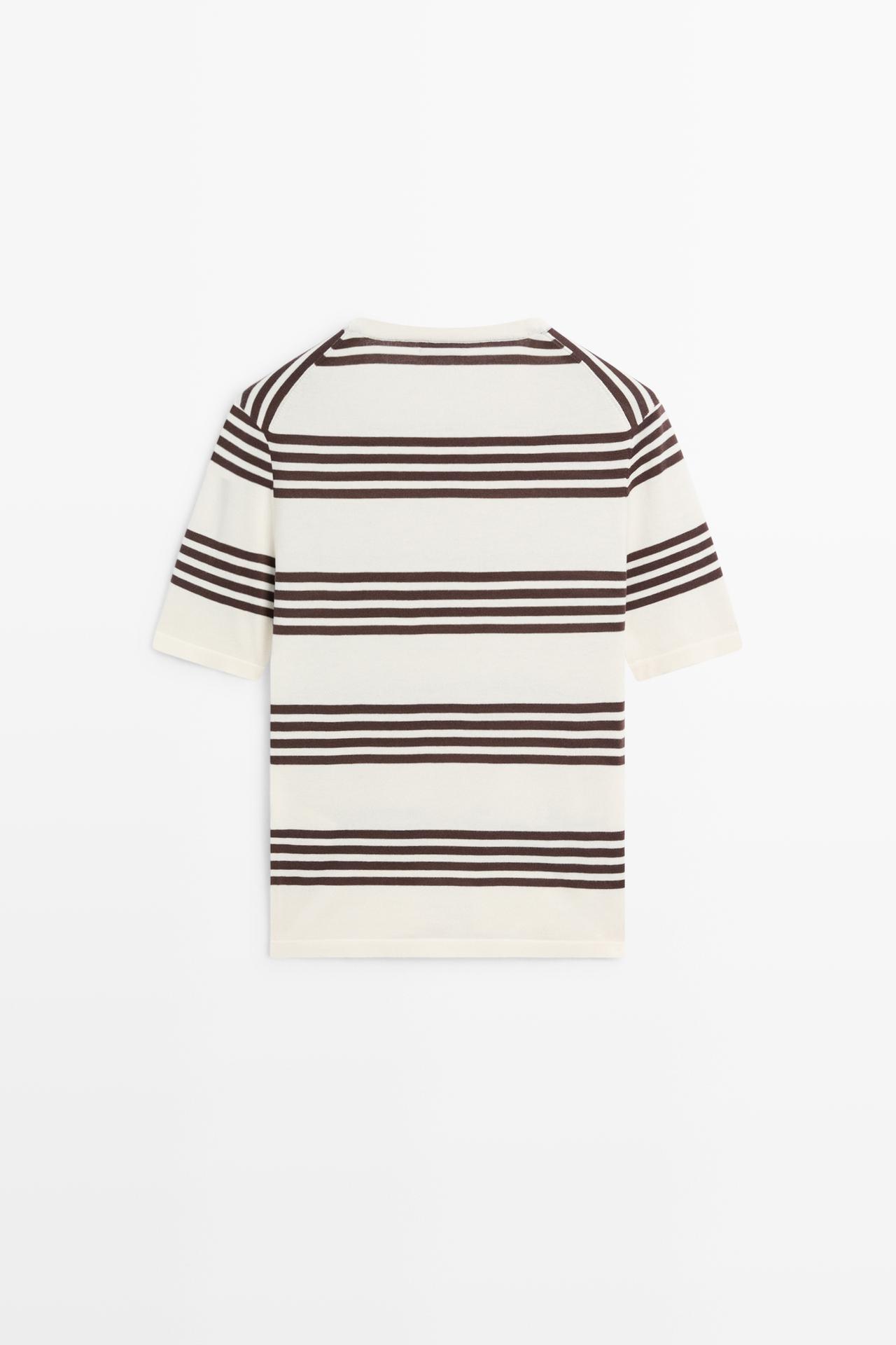 Striped short sleeve knit sweater — BROWN
