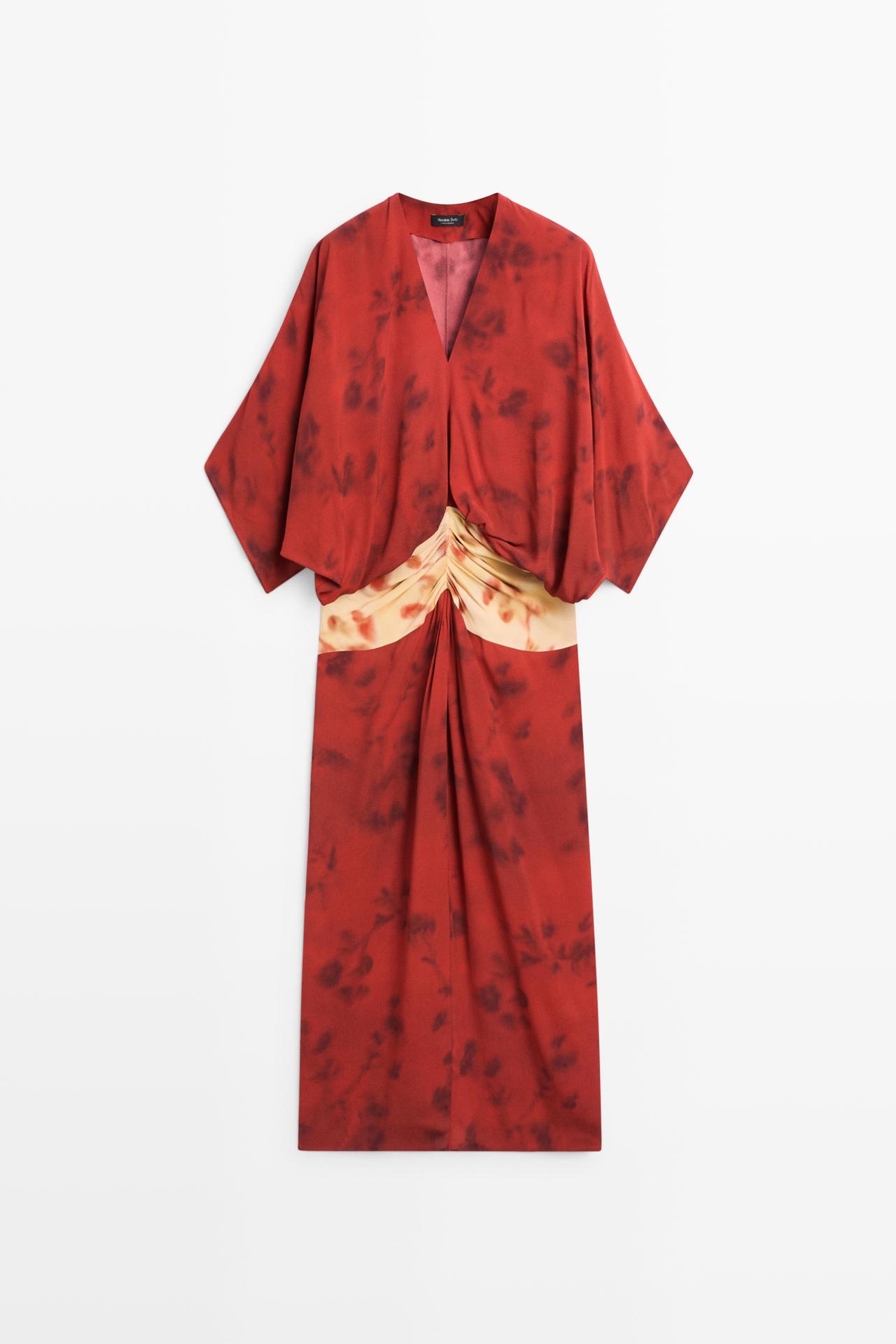 Printed flowing dress with sash detail — BRIGHT RED