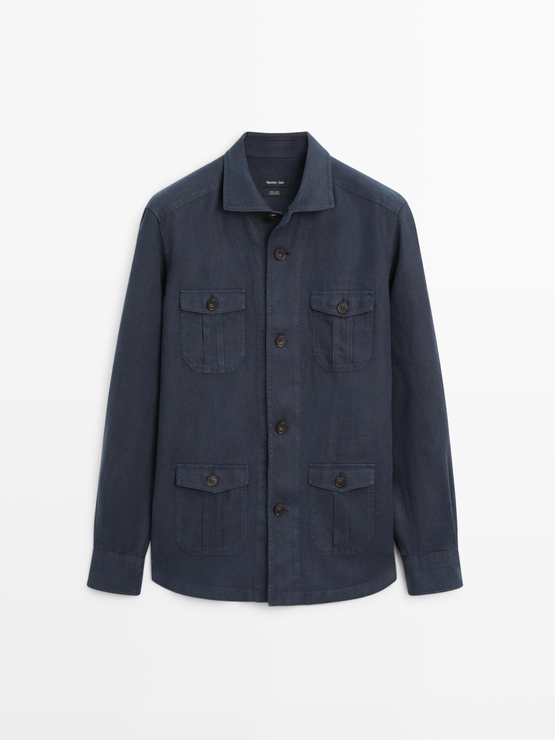 Heavy linen overshirt with pocket details — NAVY BLUE