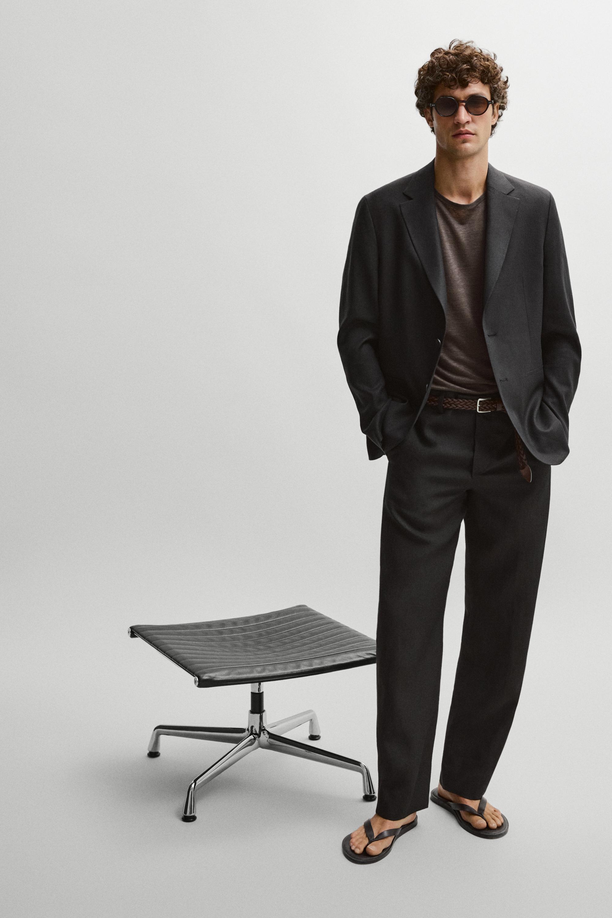 Tailored fit 100% linen suit blazer — BLACK