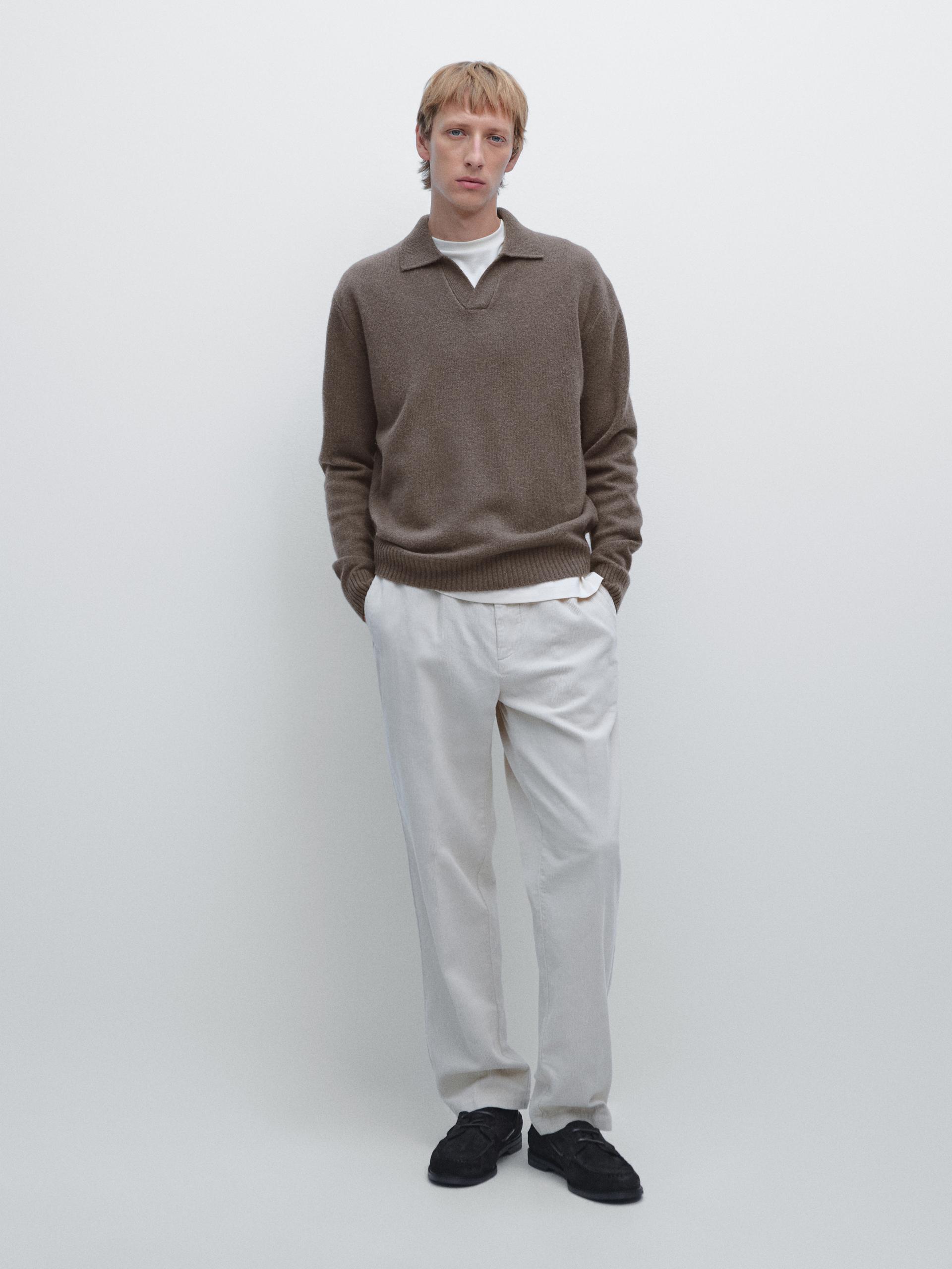 Sweter Polo Z Mieszanki Wełny Z Dekoltem W Serek - Szary - S - Massimo Dutti - Mężczyzna