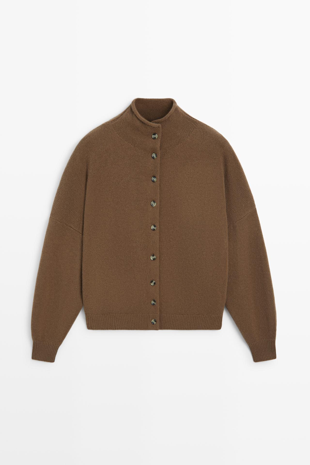 Wool and cashmere knit funnel neck cardigan — Caramel