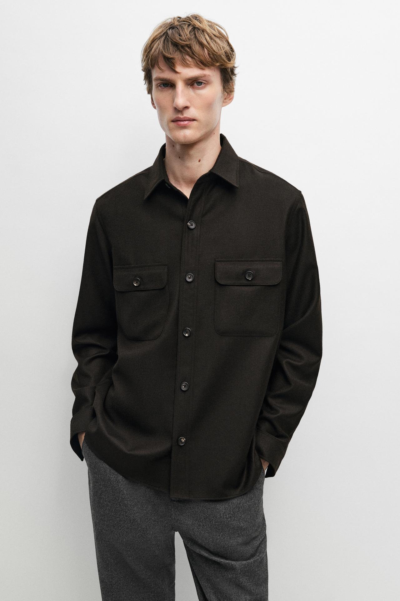 100% wool overshirt with pockets — BROWN