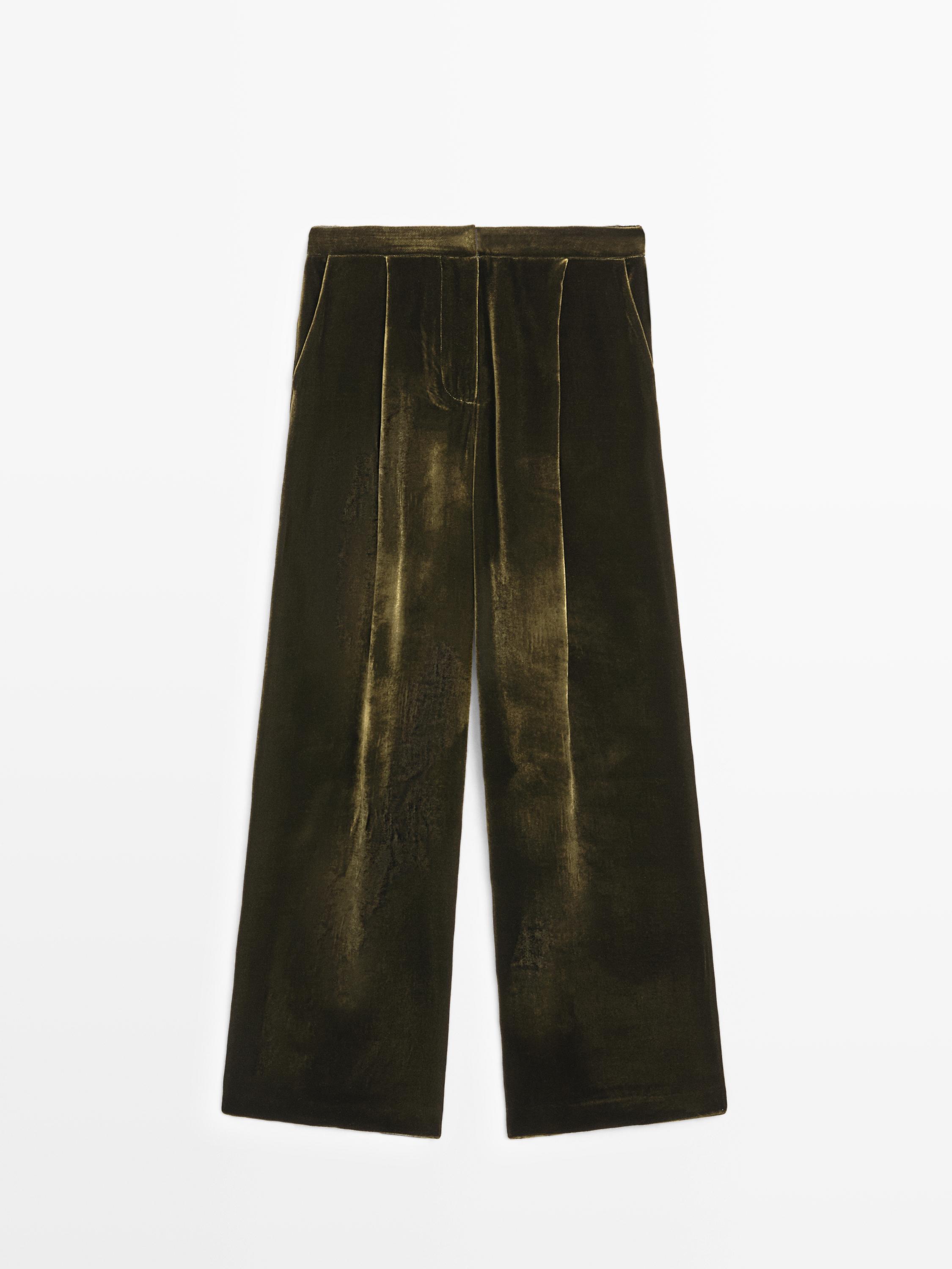 Wide-leg pleated velvet trousers with elasticated detail