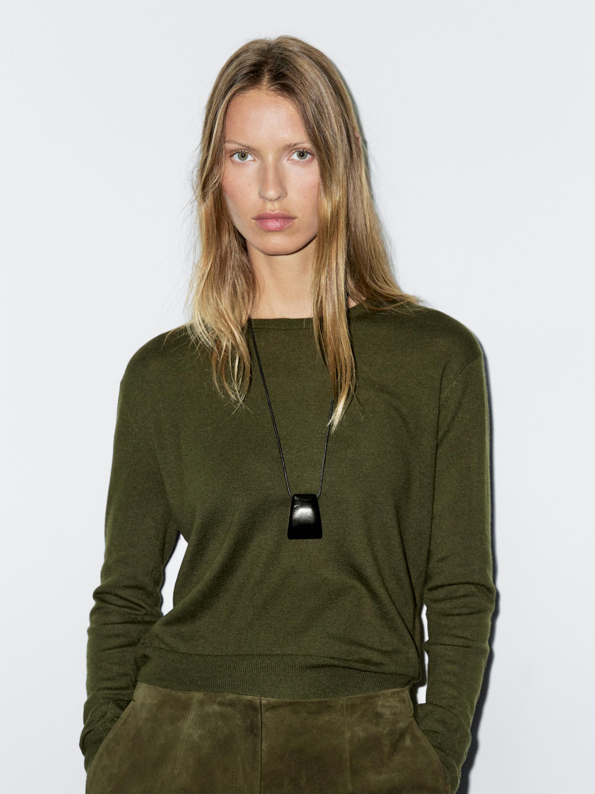 Pull Laine En Maille À Col Rond - Vert Bouteille - Xl - Massimo Dutti - Femme