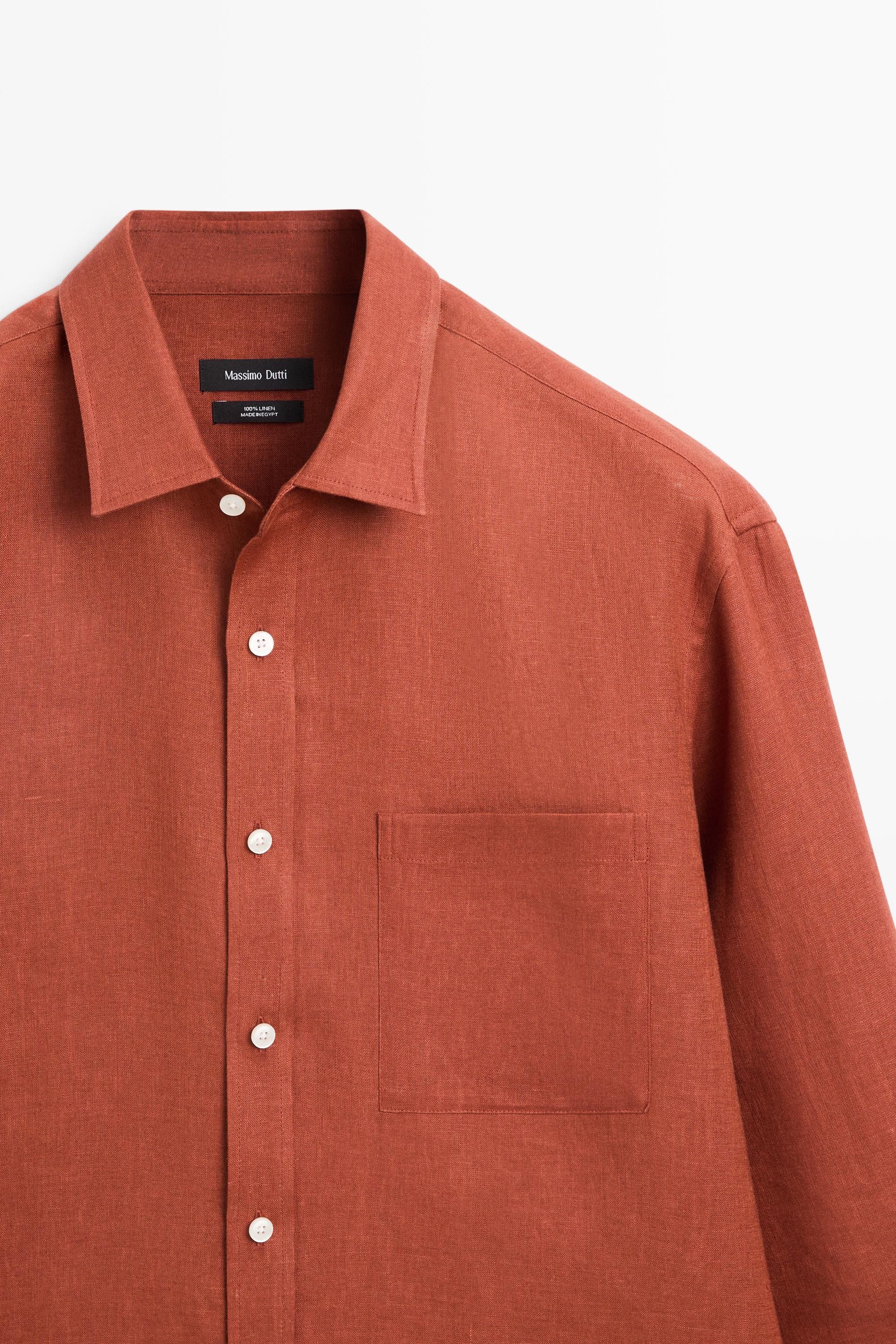 Regular fit 100% linen shirt with pocket detail — BURNT ORANGE