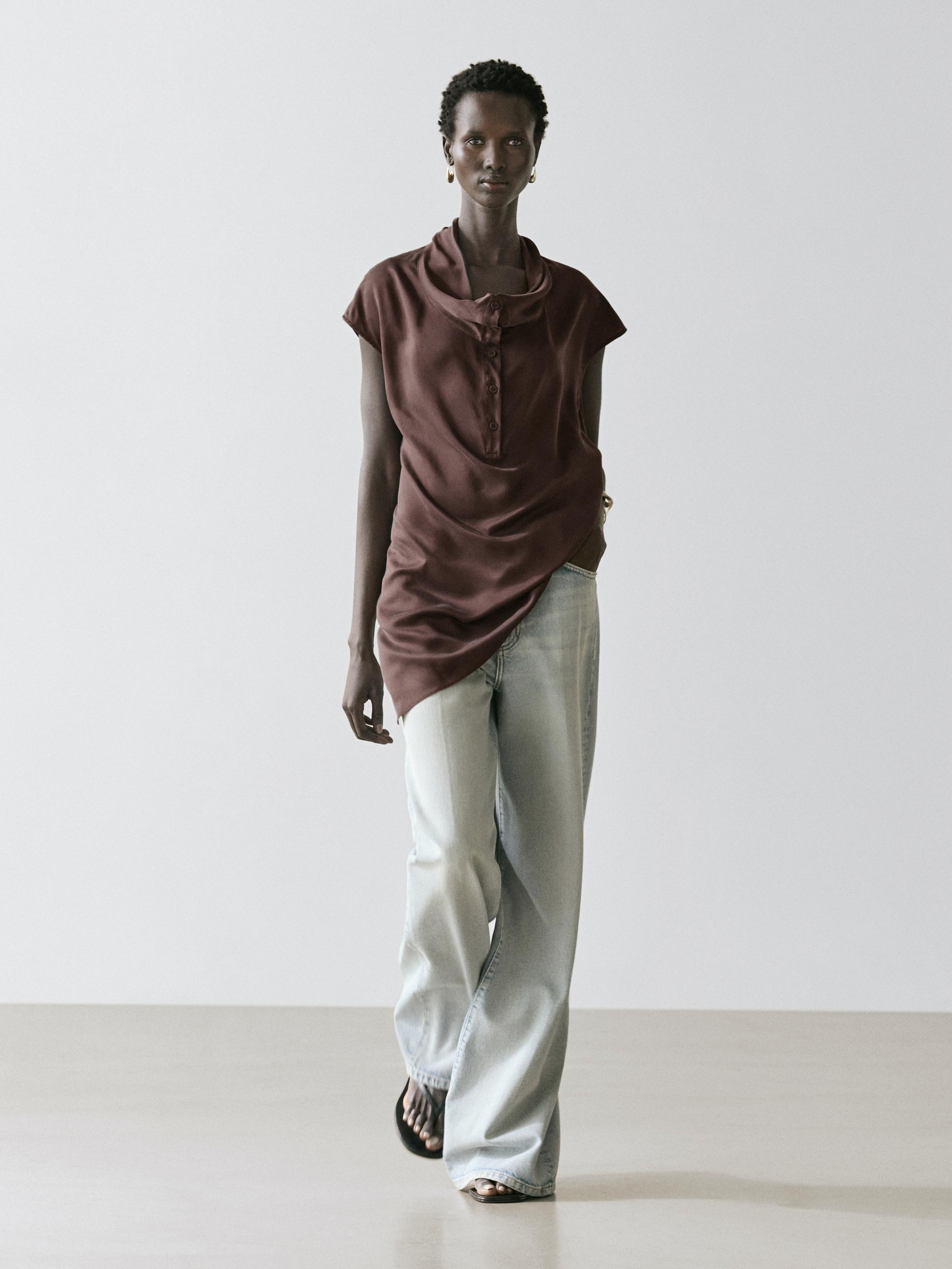 Asymmetric draped top — BROWN