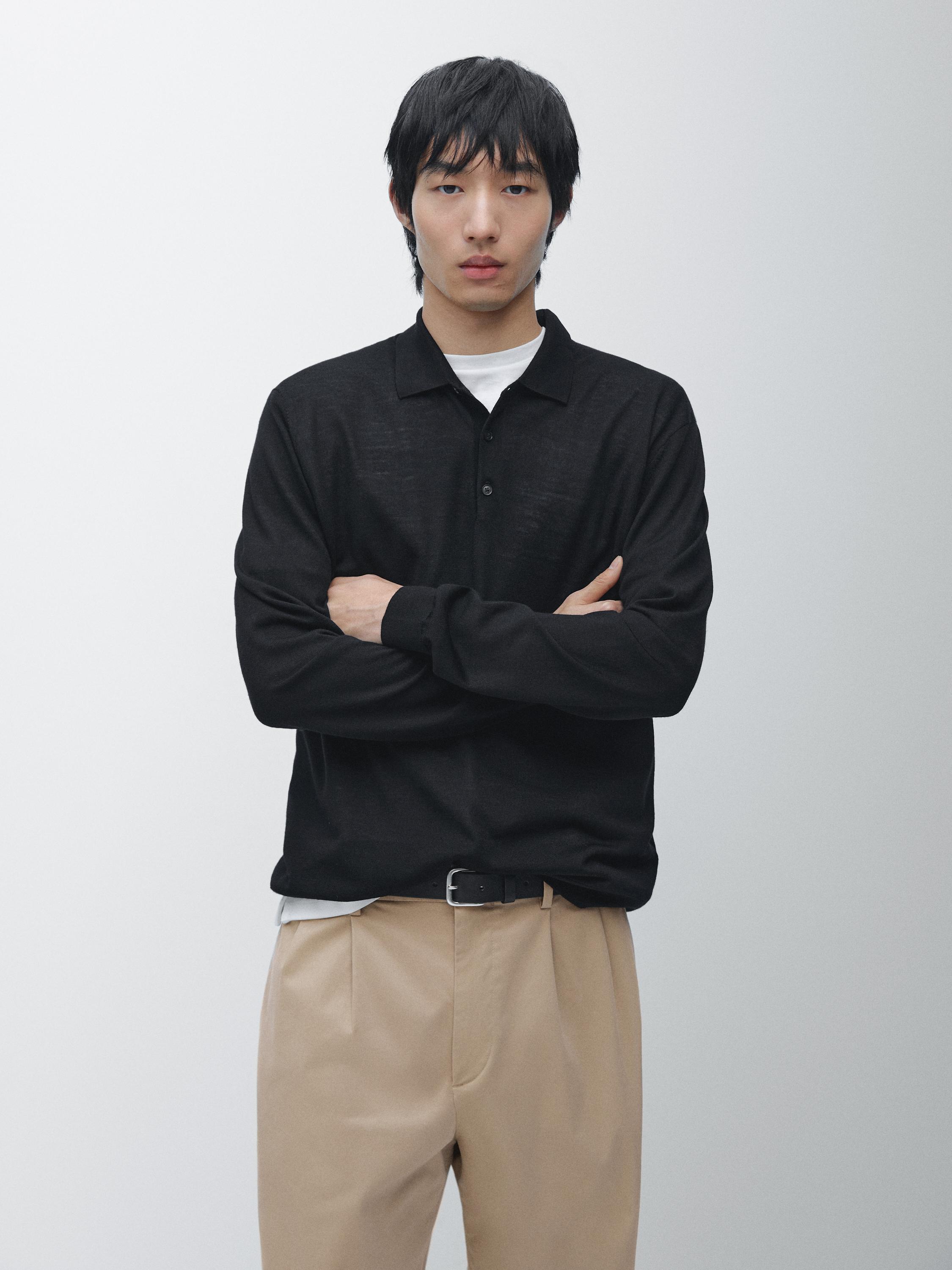 100% wool knit sweater with polo collar — BLACK