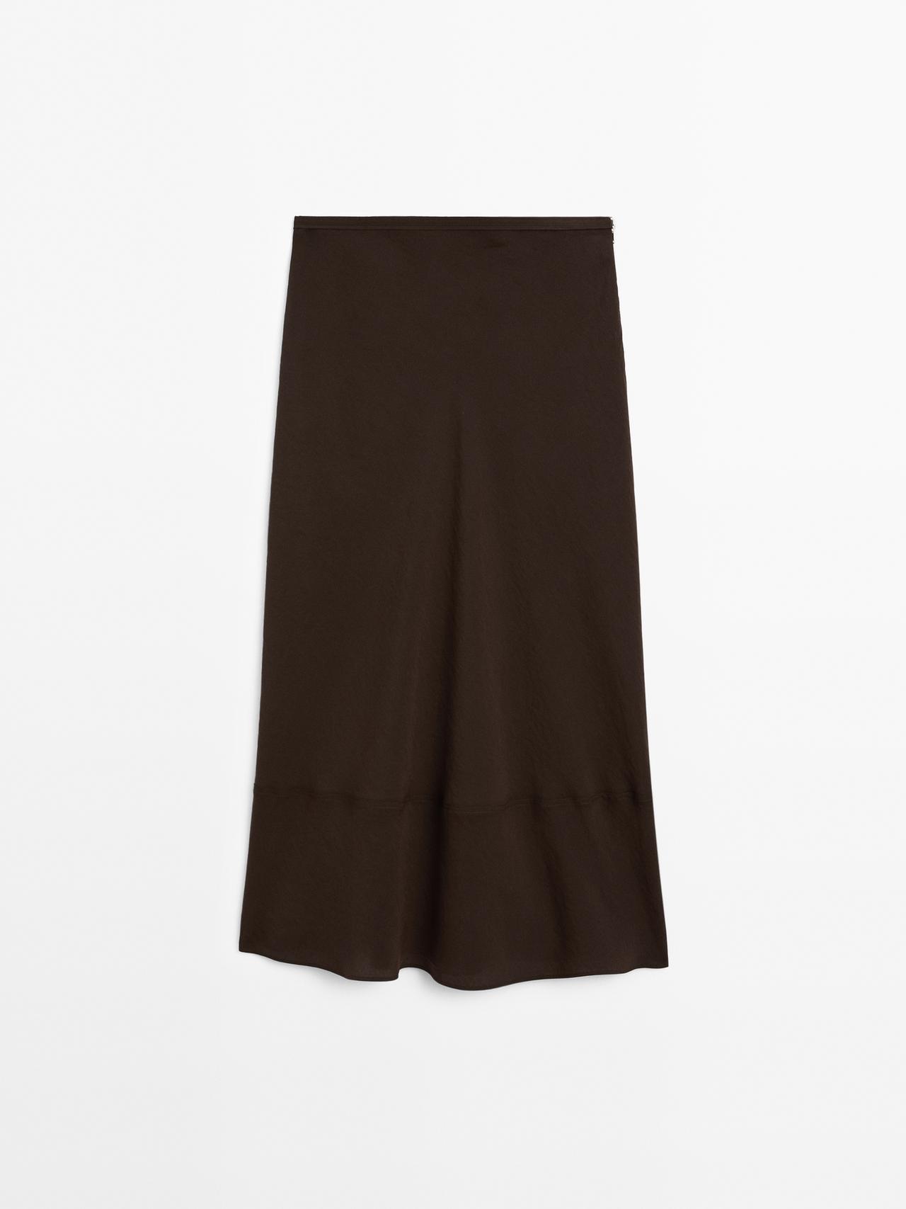 Massimo Dutti - Dame - Midinederdel Med Blondekant Og Sømdetalje - Chokolade - 40
