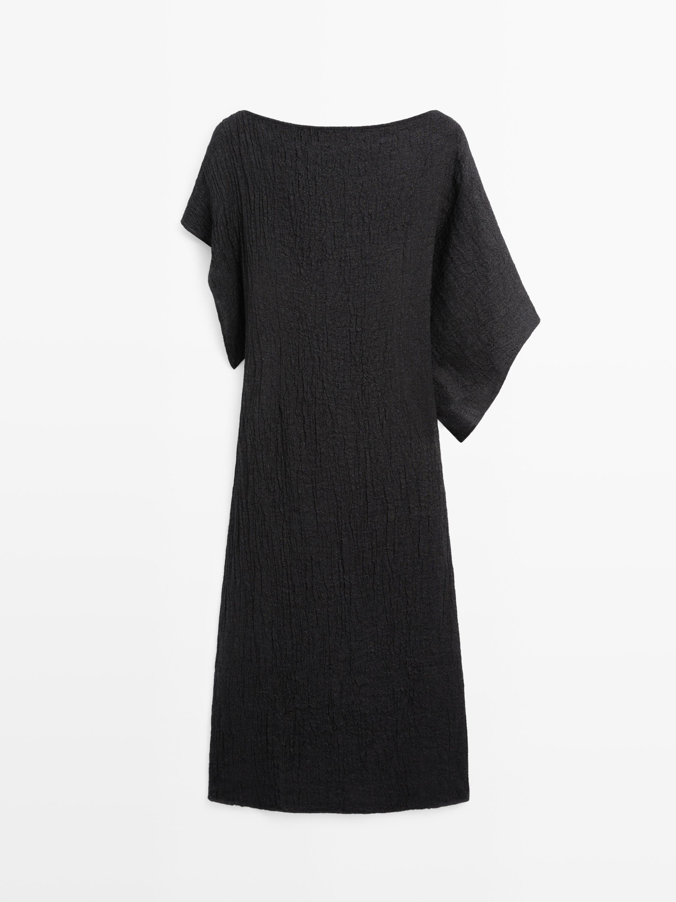 Linen midi dress with asymmetric sleeves  Black  Dress | Massimo Dutti