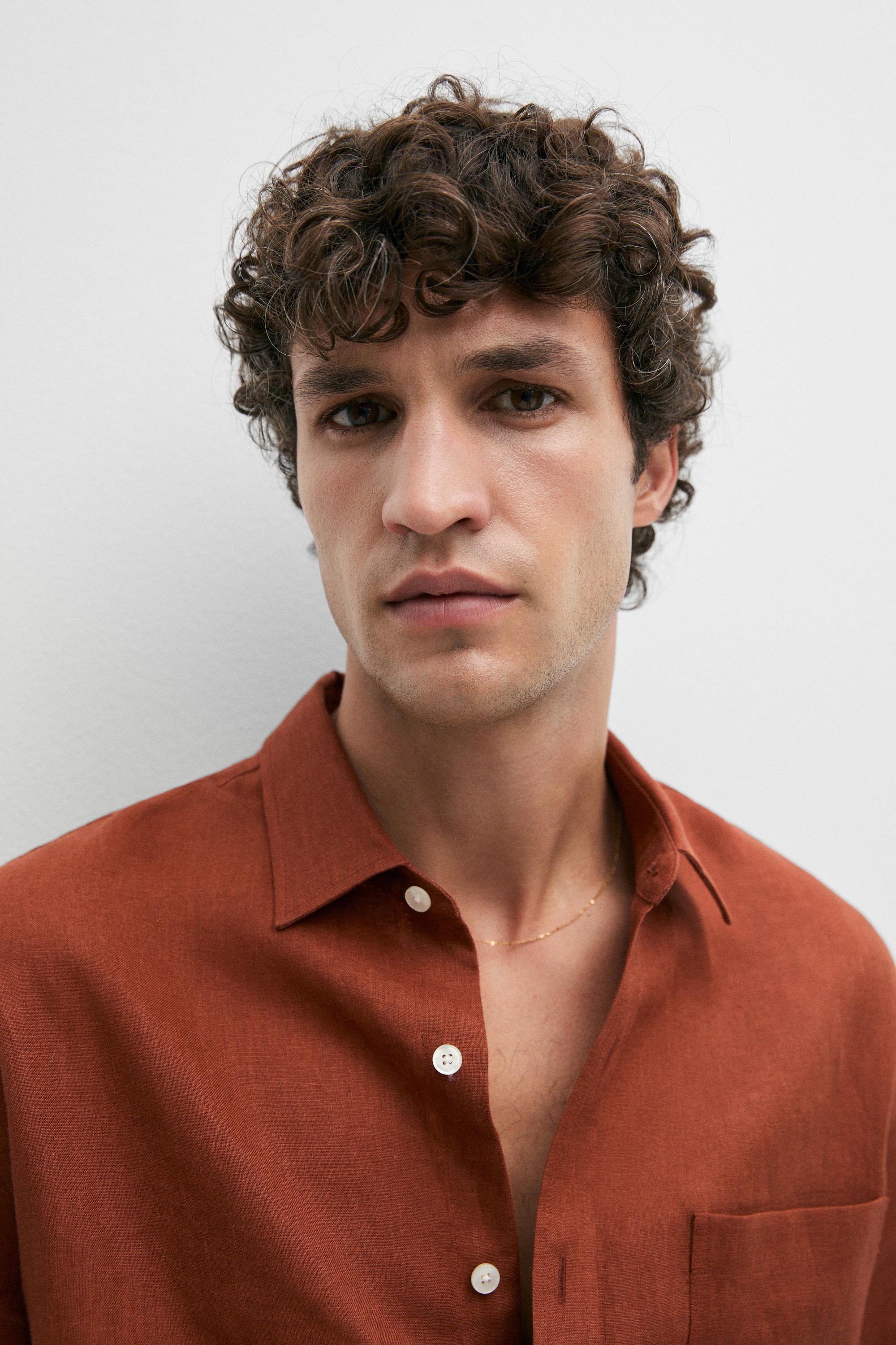 Regular fit 100% linen shirt with pocket detail — BURNT ORANGE