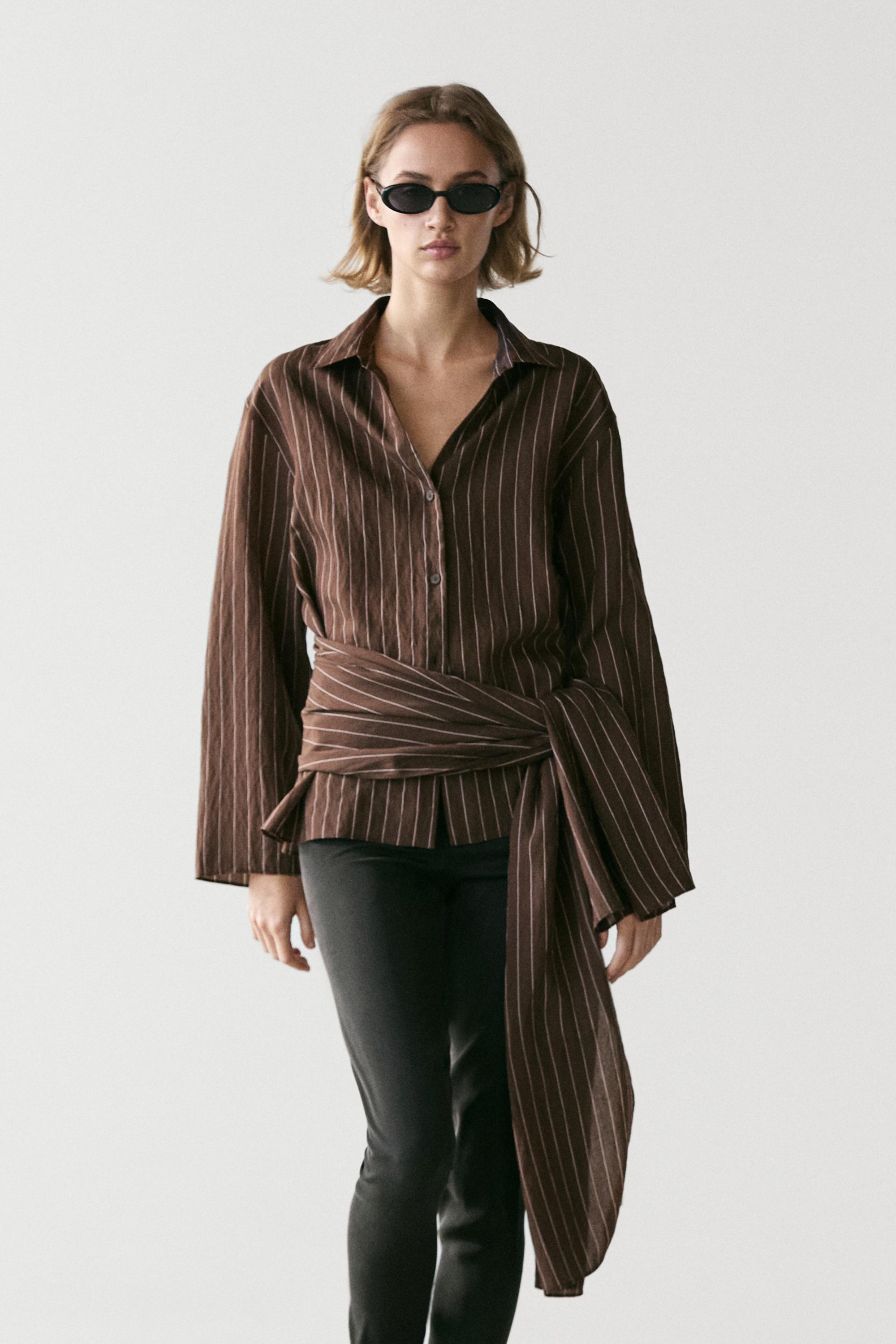 Striped shirt with scarf detail — BROWN