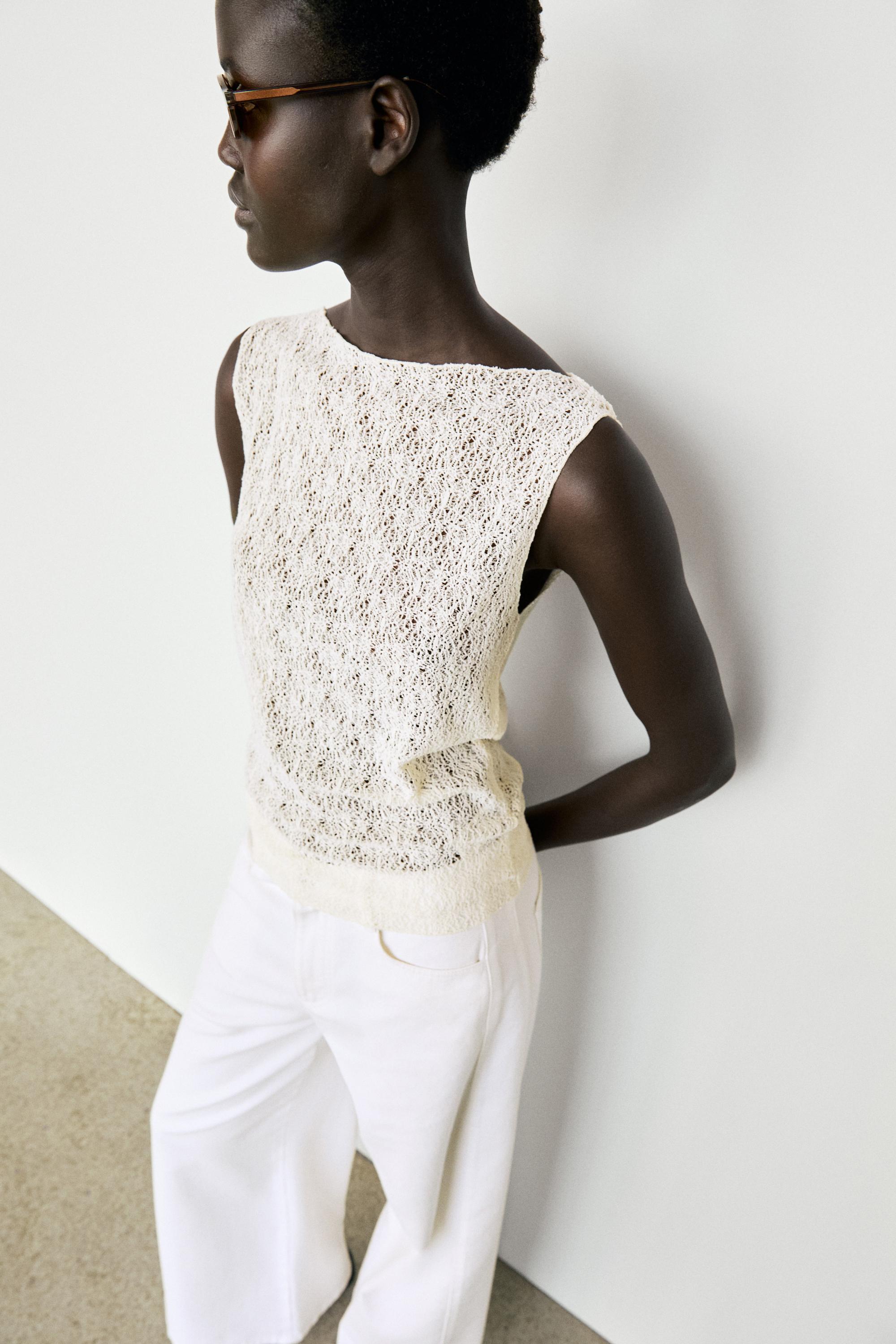 Sleeveless open-knit top — CREAM