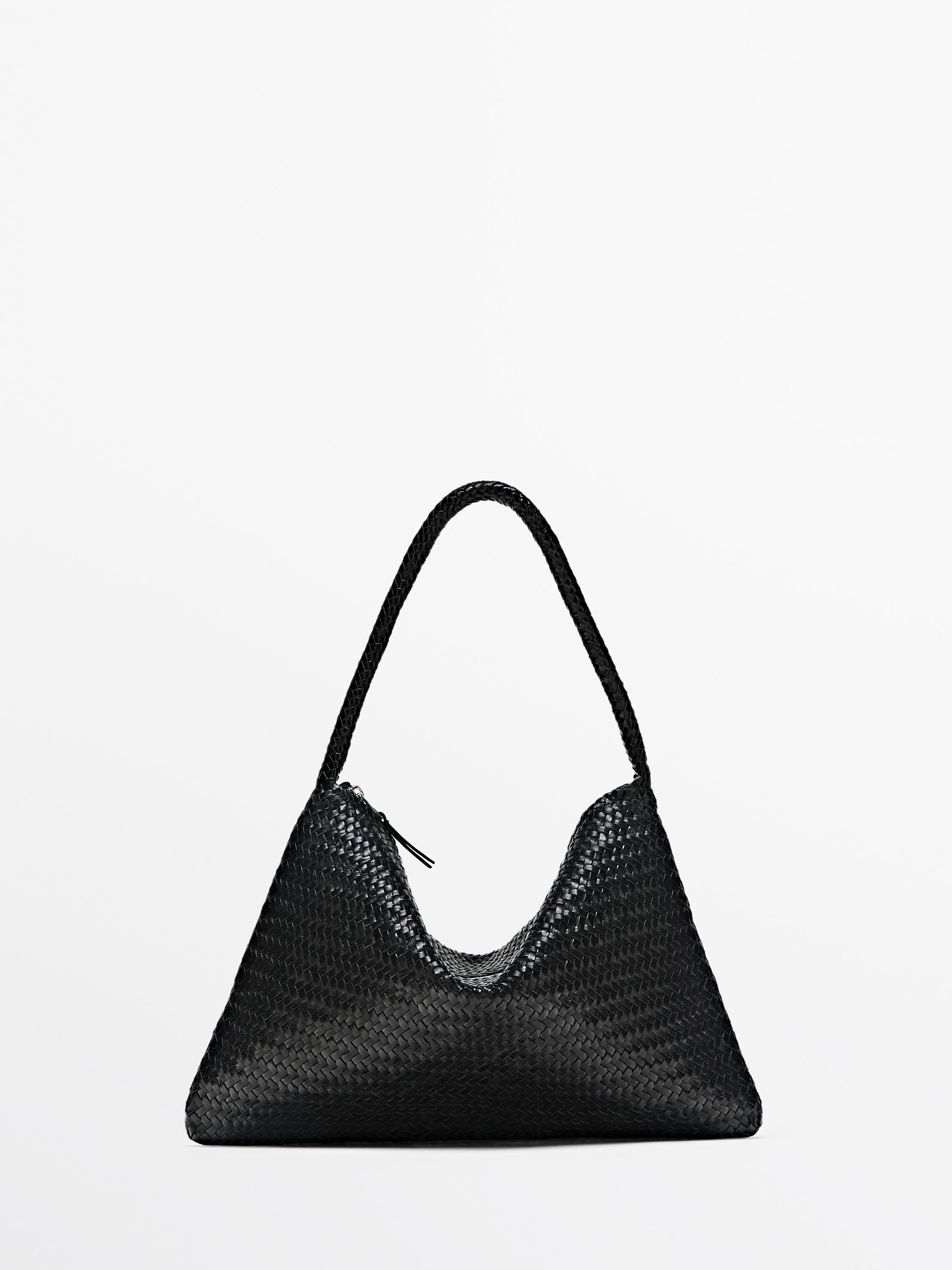 Mid-sized braided leather shoulder bag — BLACK