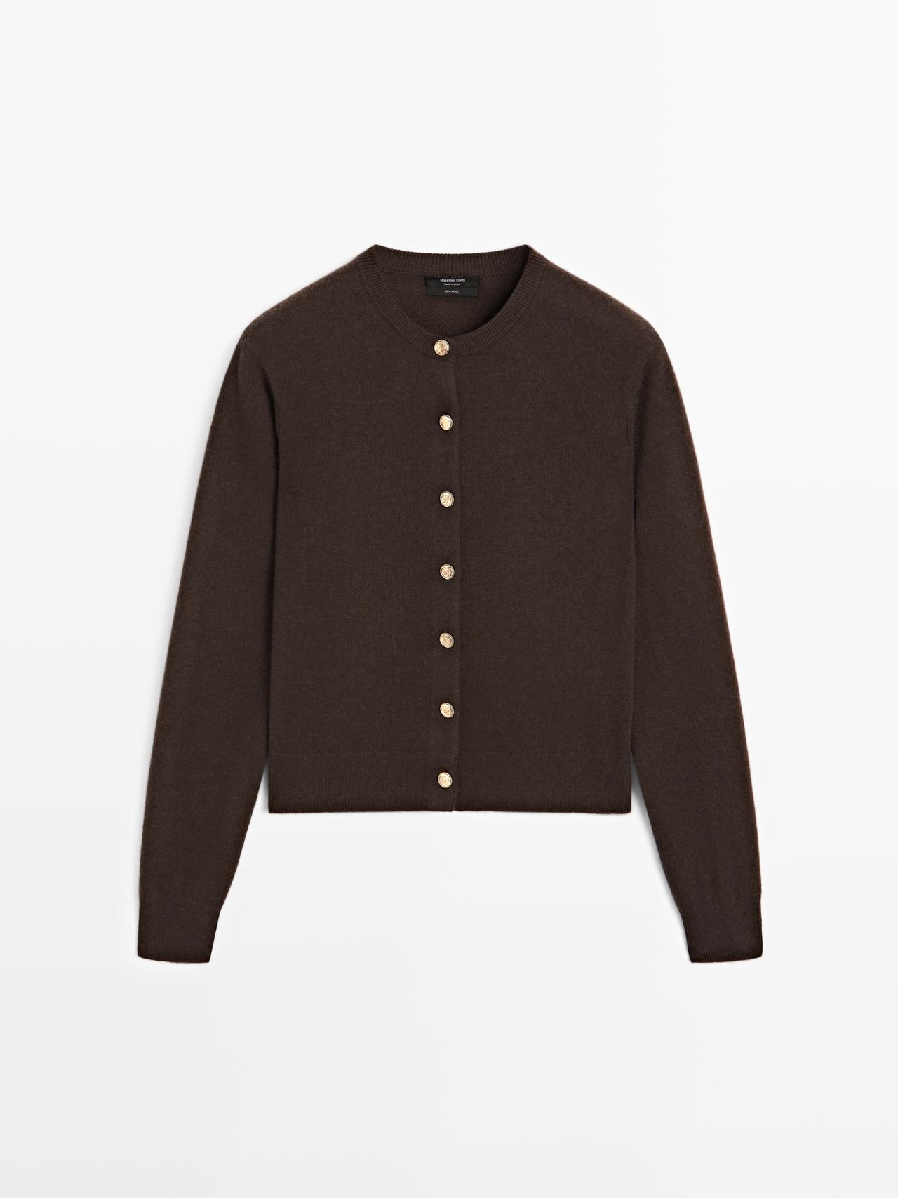 Massimo Dutti - Dame - Cardigan I 100 % Uld Med Gyldne Knapper - Brun - Xl