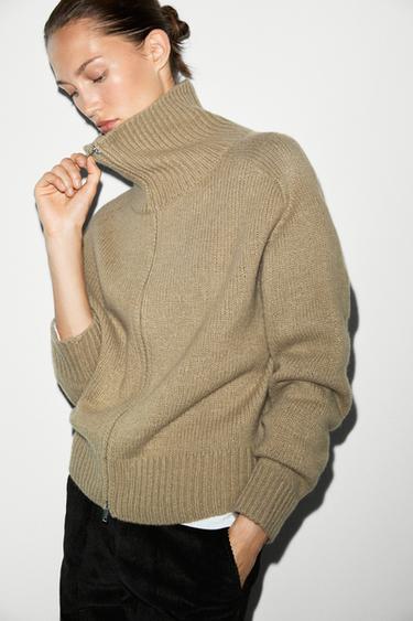100% wool knit zip-up cardigan — GREENISH 8