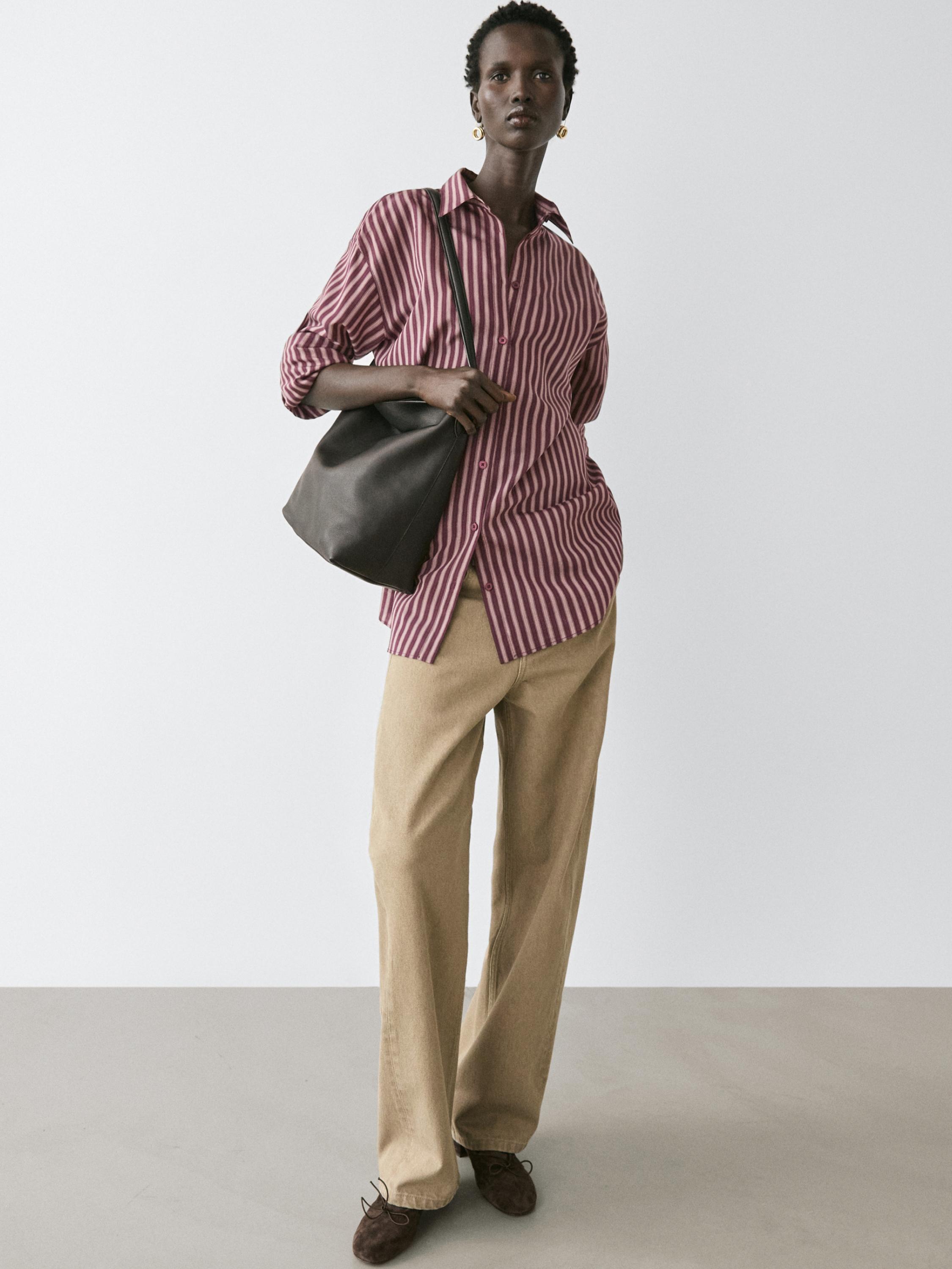 Flowing shirt with striped detailing — BROWN