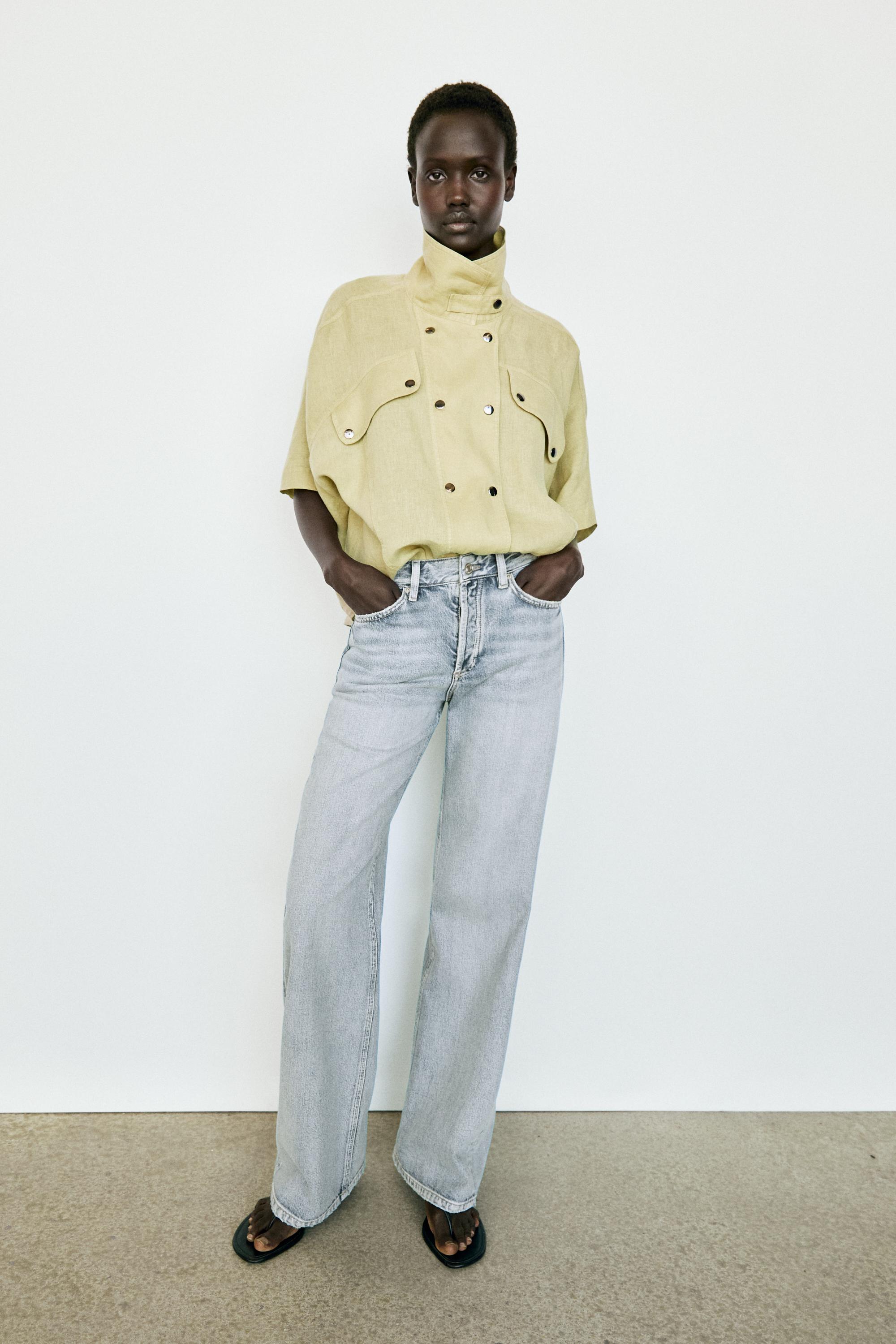 Short sleeve linen snap button shirt — LIME