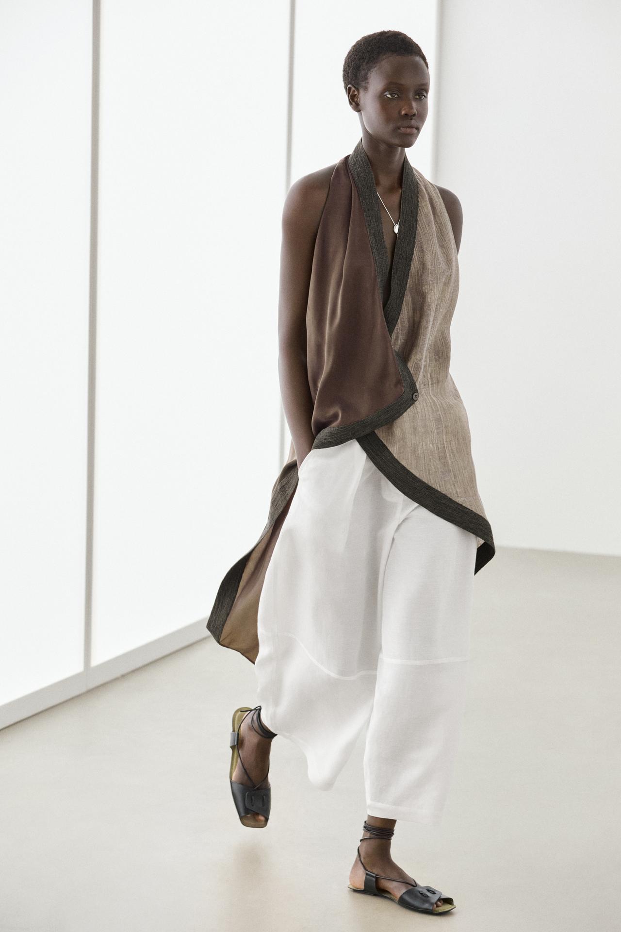 Flowing wrap top with mixed fabric detail — BROWN