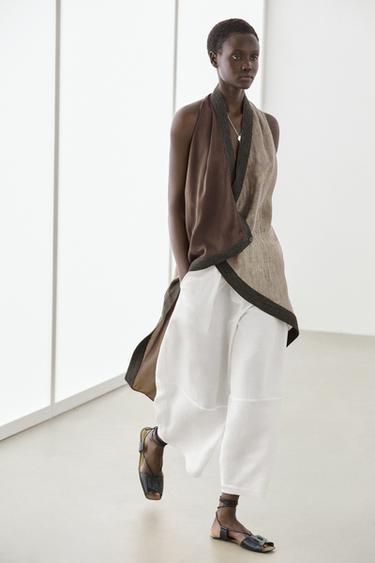 Flowing wrap top with mixed fabric detail — BROWN 3