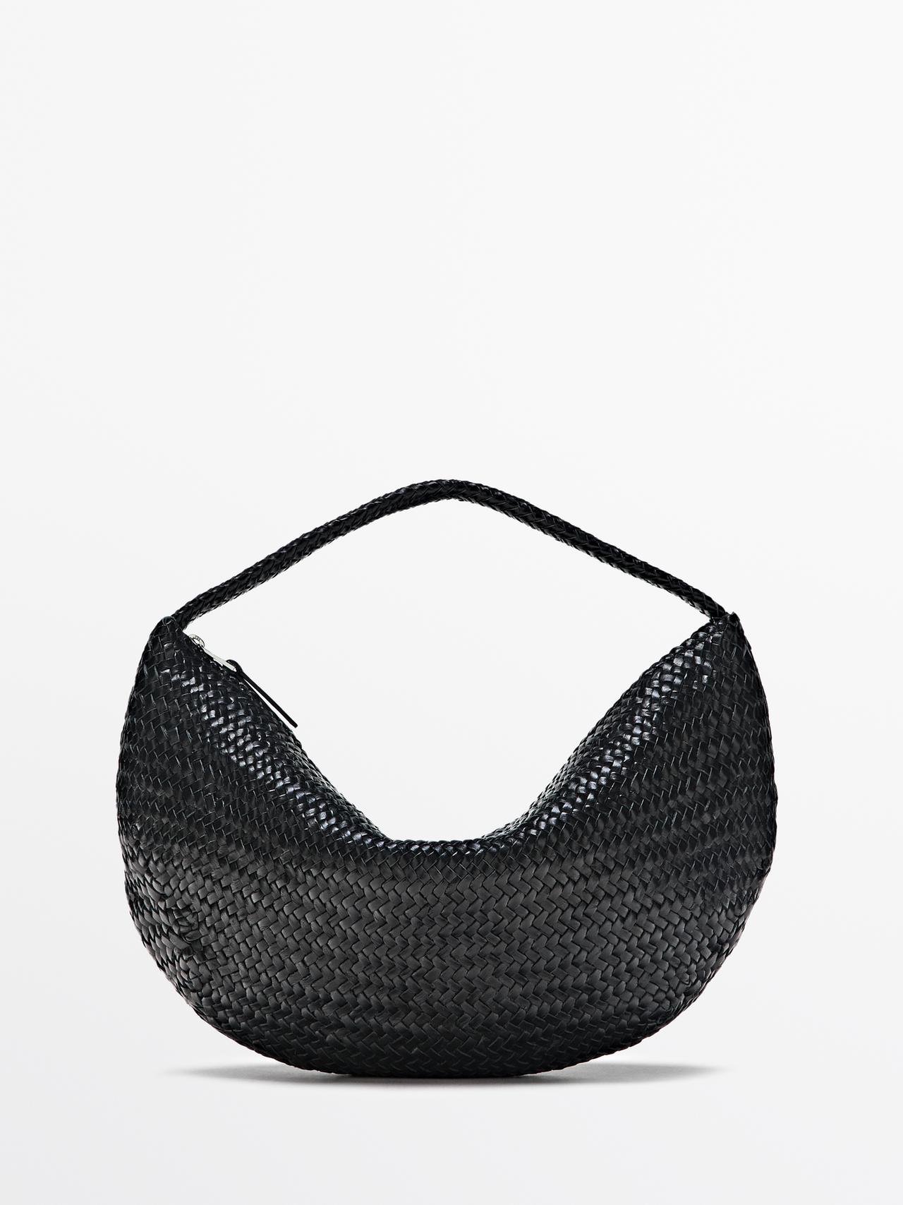 Braided leather half-moon bag — BLACK