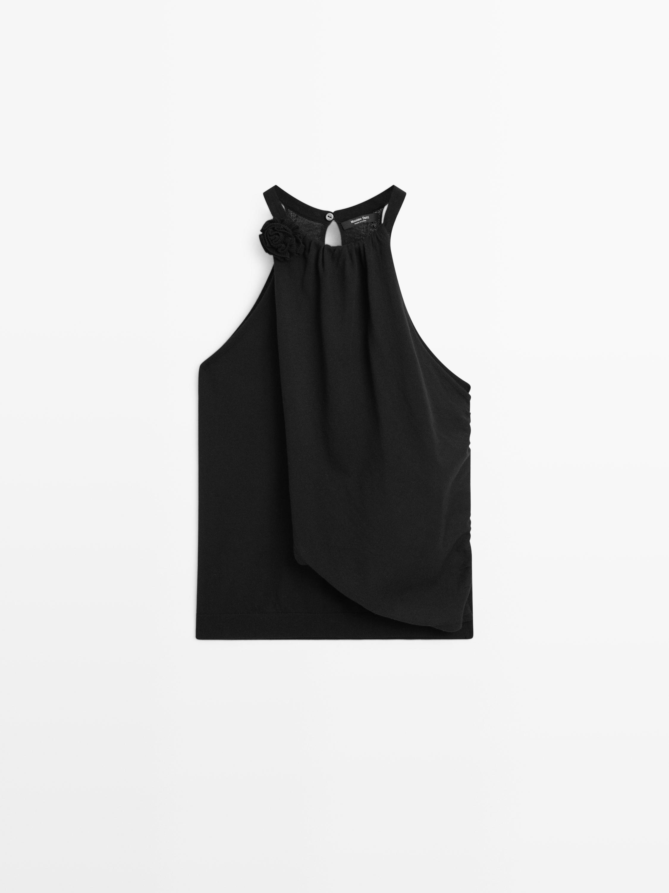 Knit cotton top with floral detail