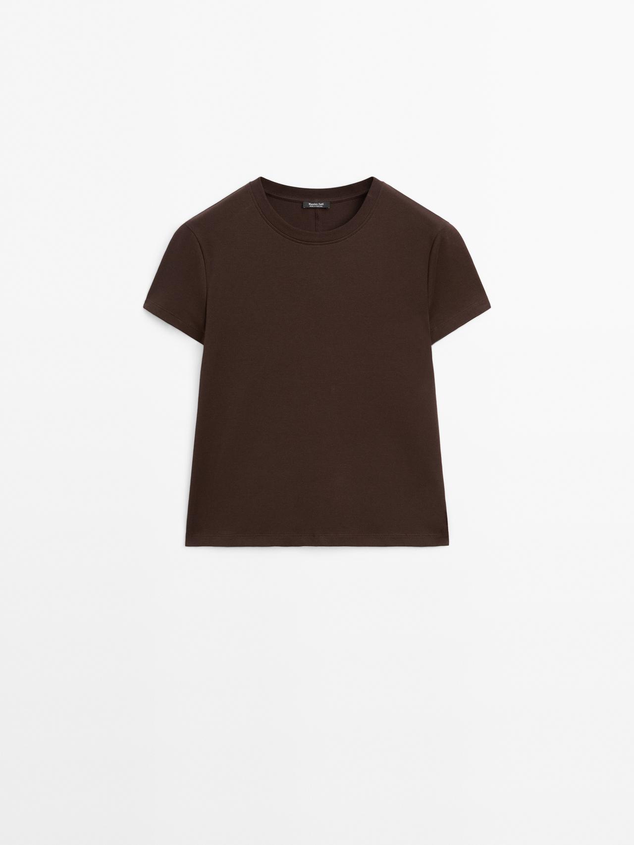 Massimo Dutti - Dame - 100% Cotton Sewn T-Shirt - Brun - S
